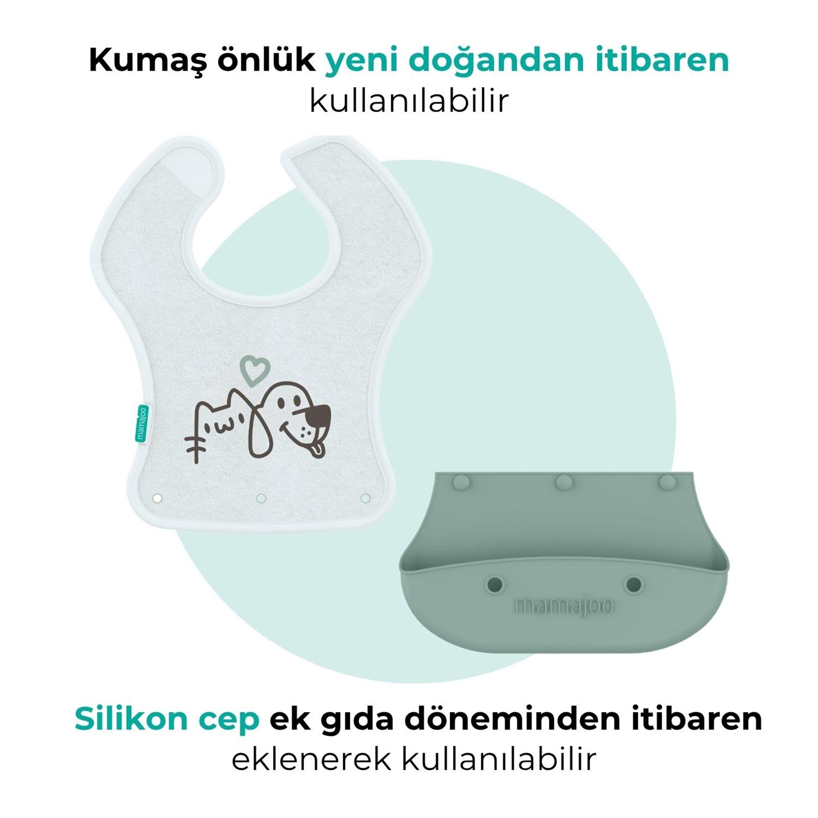 Katlanır Silikon & Kumaş Mama Önlüğü Powder Green