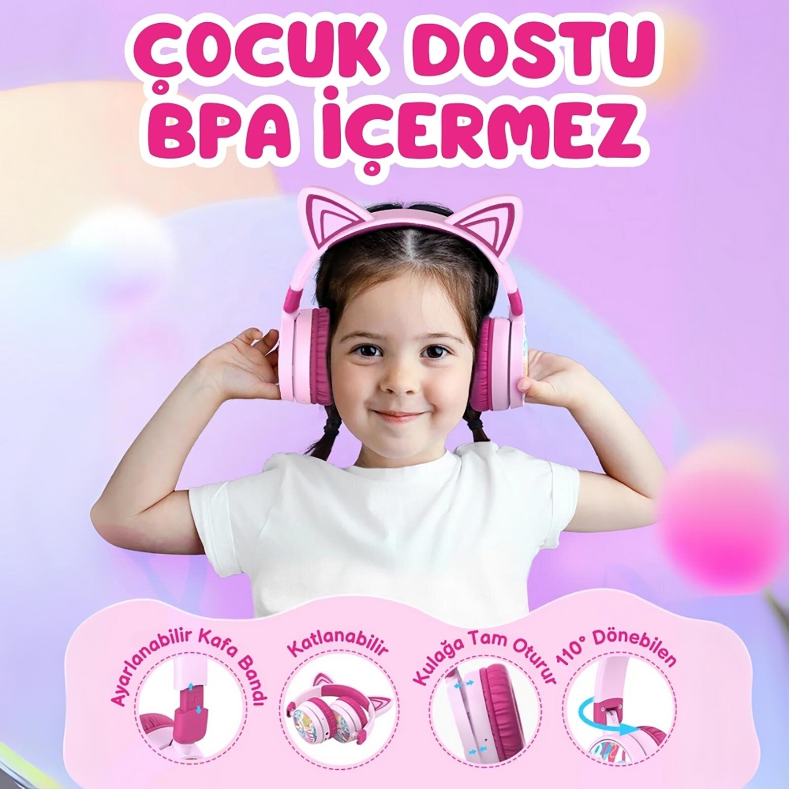 Kedi Kulaklı Led Işıklı Güvenli Ses Sınırlı 60 Saat Oynatma Süreli Bluetooth Çocuk Kulak Kedi Kulaklı Led Işıklı Güvenli Ses Sınırlı 60 Saat Oynatma Süreli Bluetooth Çocuk Kulak