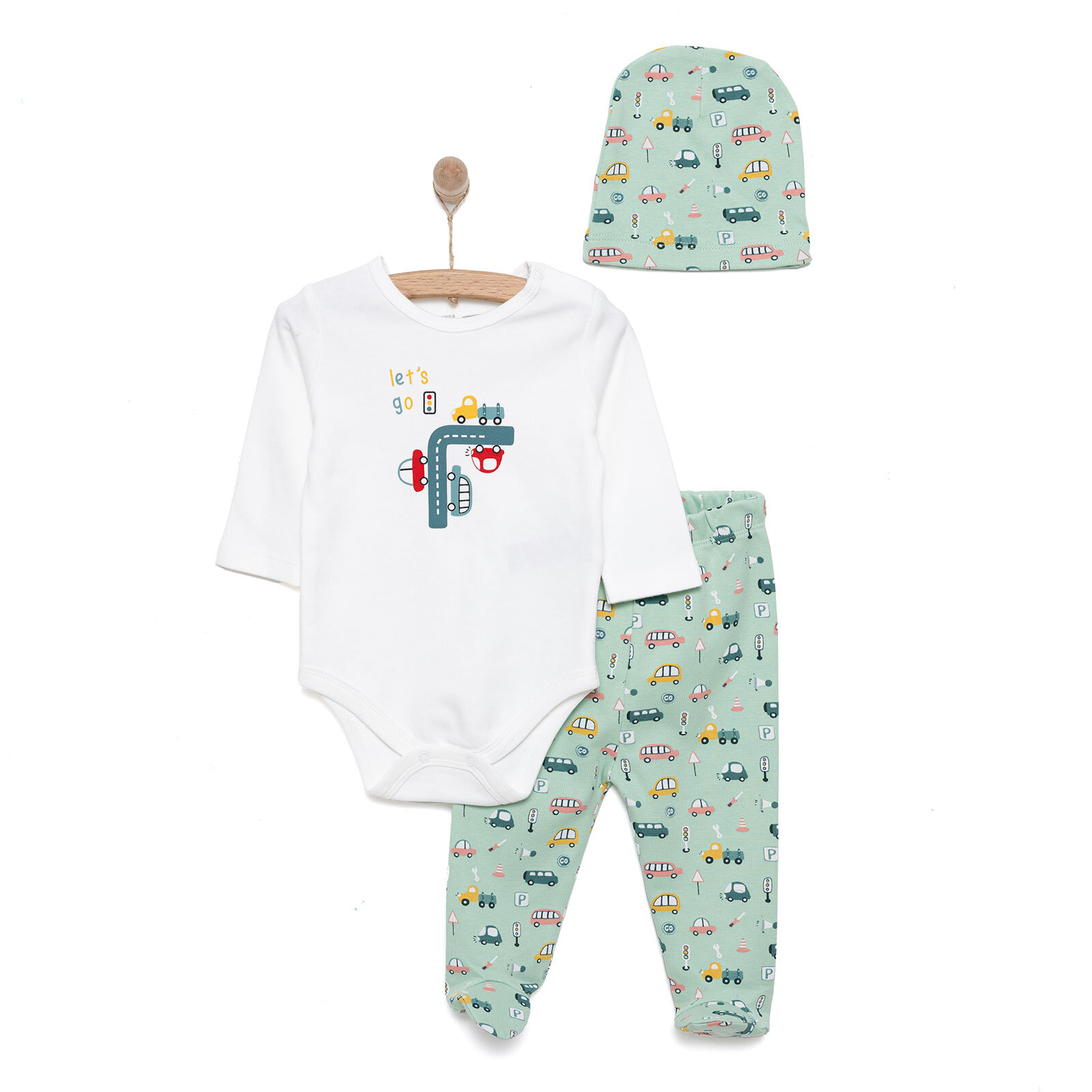 Araba Baskılı Yenidoğan Erkek Body-Patikli Alt-Şapka Erkek Bebek