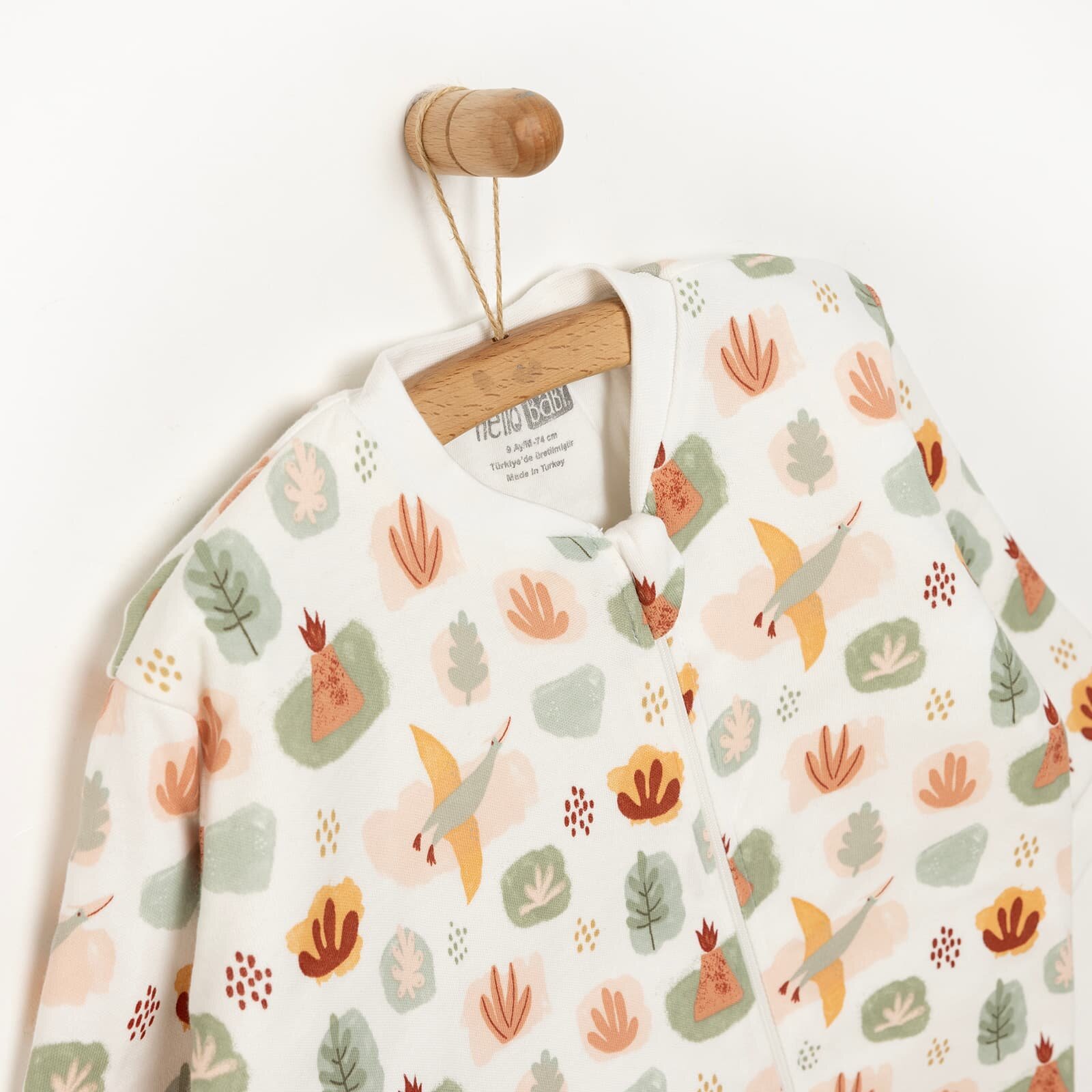 Erkek Bebek Uyku Tulum Araba Desenli İnterlok Fermuarlı 2 Tog Bisiklet Yaka Uzun Kol Bej