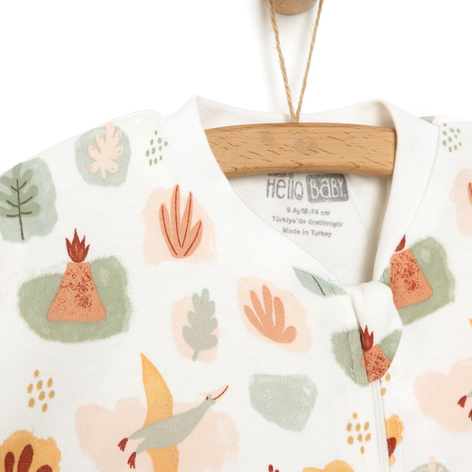 Erkek Bebek Uyku Tulum Araba Desenli İnterlok Fermuarlı 2 Tog Bisiklet Yaka Uzun Kol Bej