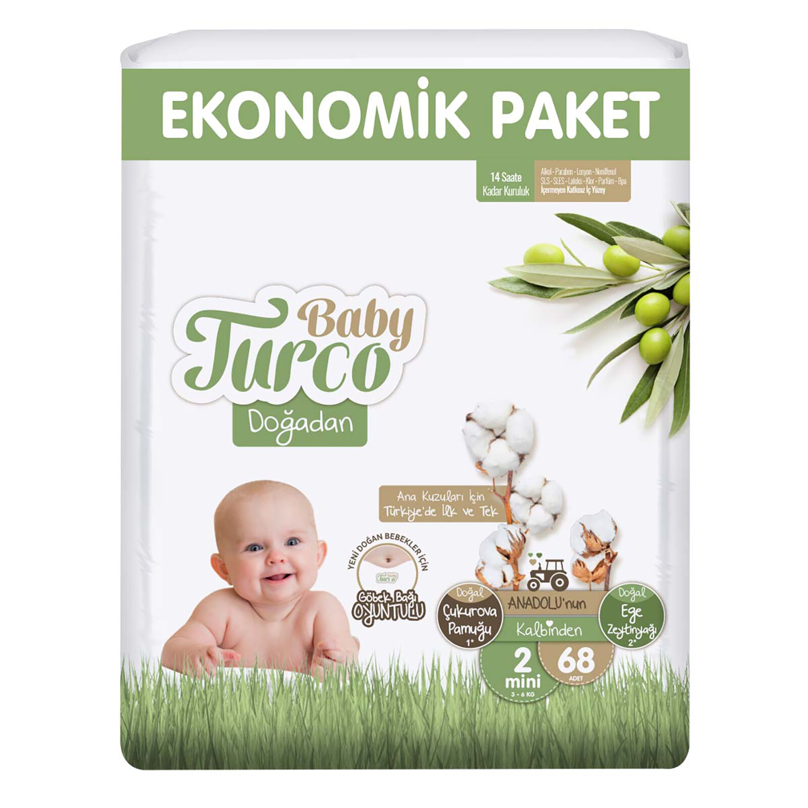 Baby Turco Doğadan Ekonomik Mini 2 Beden Bebek Bezi 68 Adet
