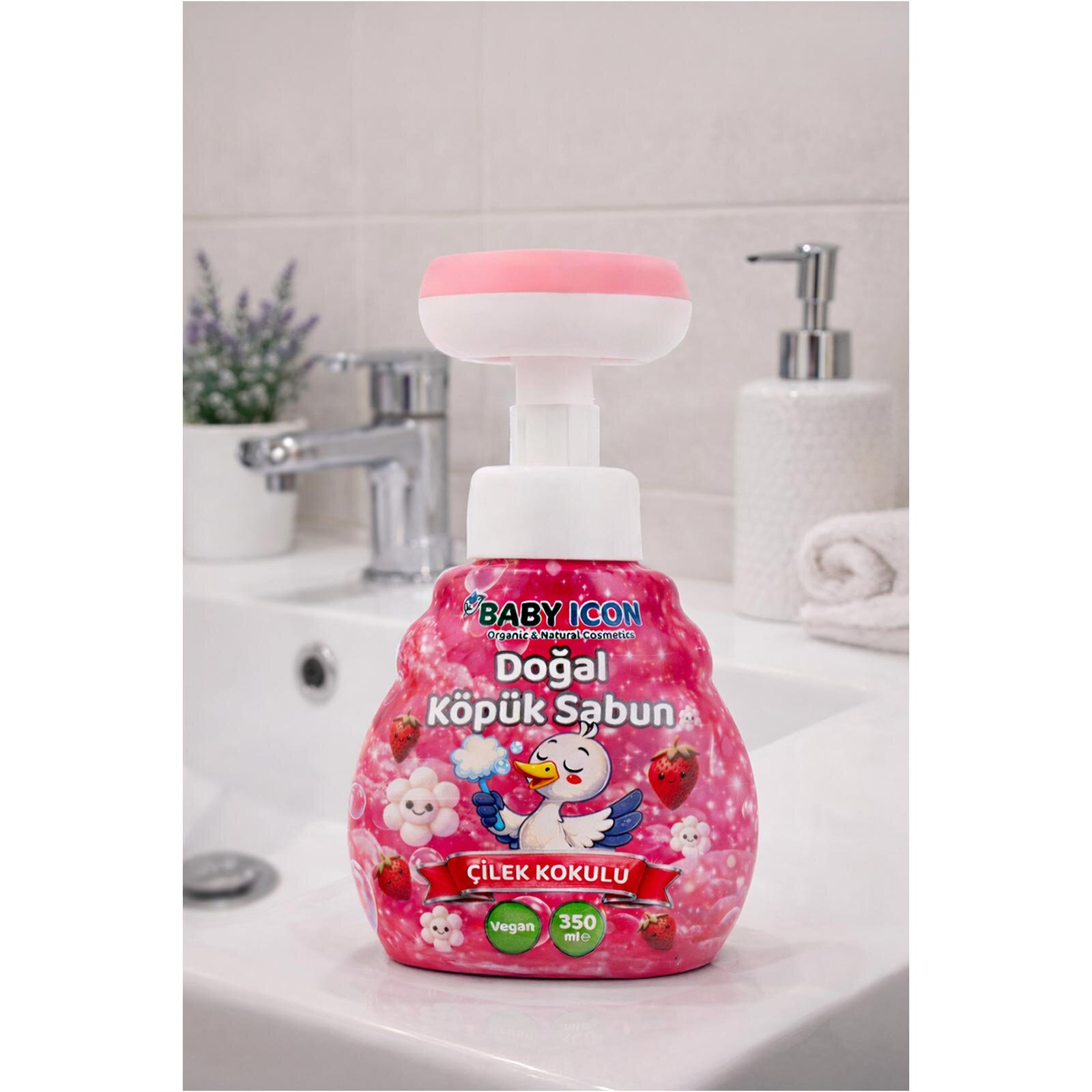 Babyİcon Doğal köpük sabun çiçek form çilekli pembe renkli 350 ml