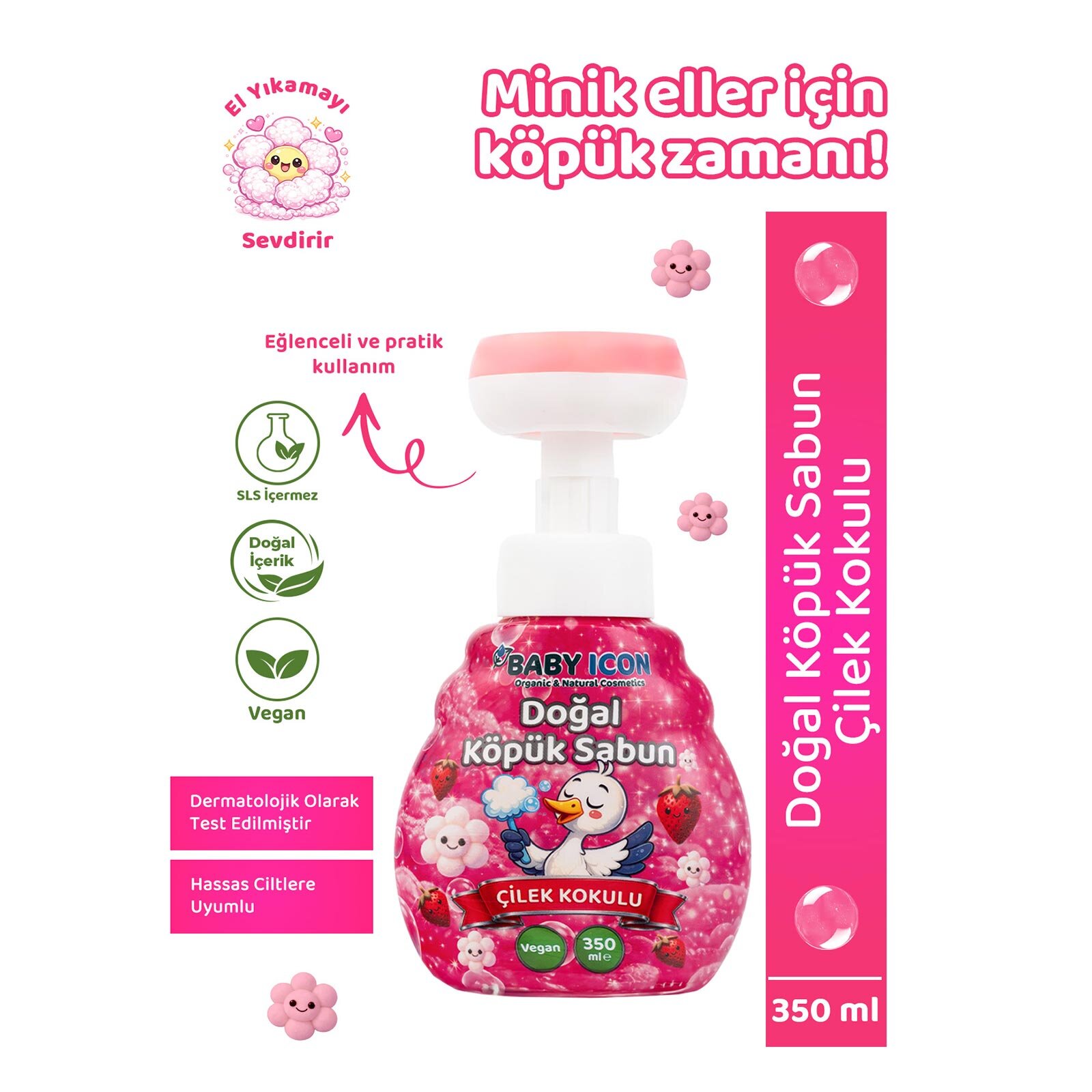 Babyİcon Doğal köpük sabun çiçek form çilekli pembe renkli 350 ml