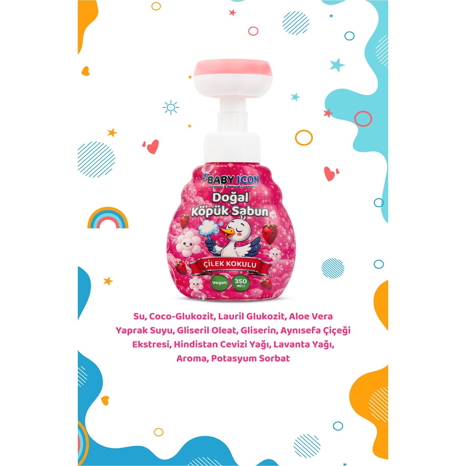 Babyİcon Doğal köpük sabun çiçek form çilekli pembe renkli 350 ml