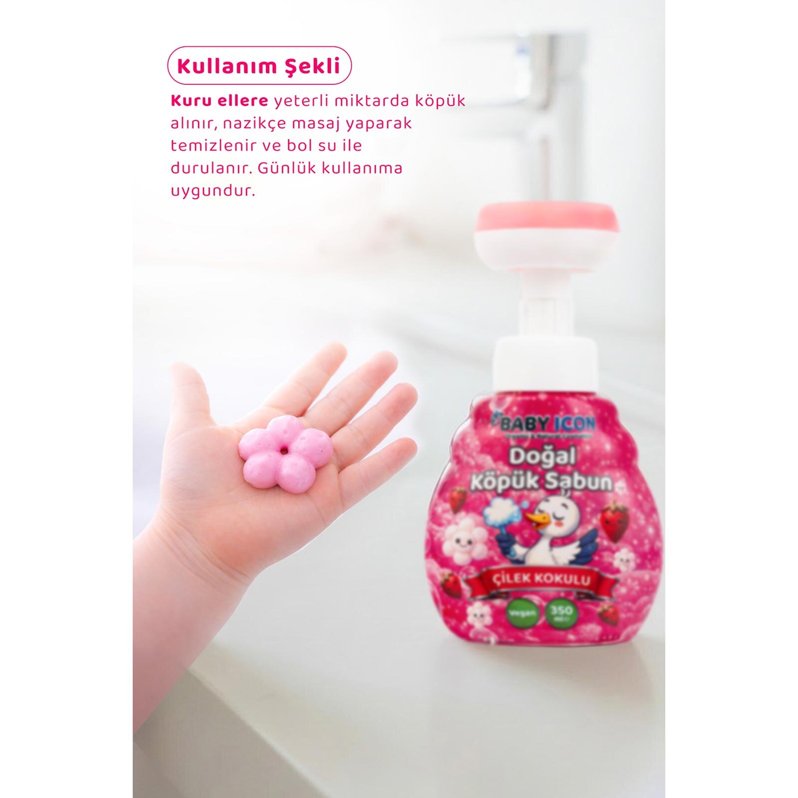 Babyİcon Doğal köpük sabun çiçek form çilekli pembe renkli 350 ml