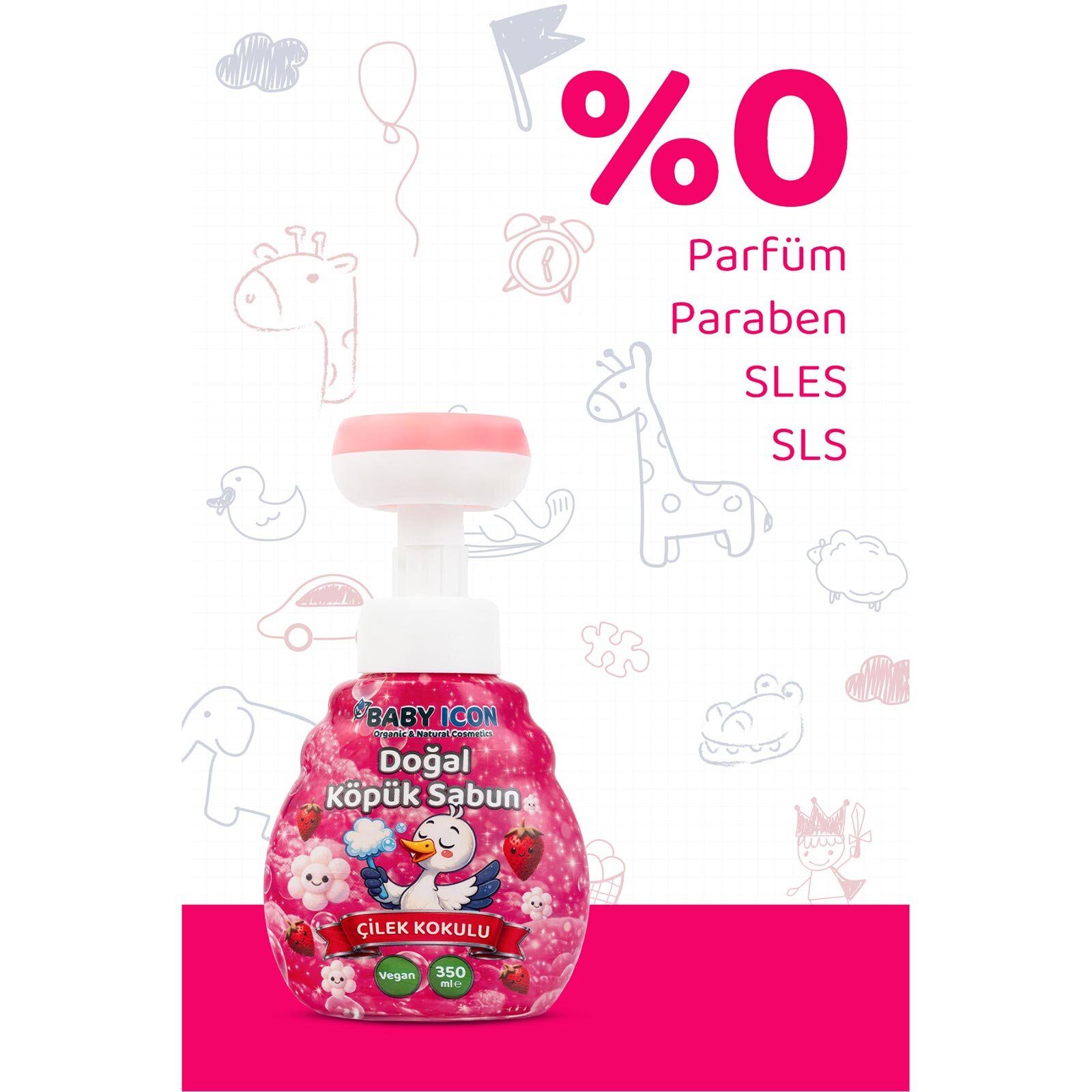 Babyİcon Doğal köpük sabun çiçek form çilekli pembe renkli 350 ml