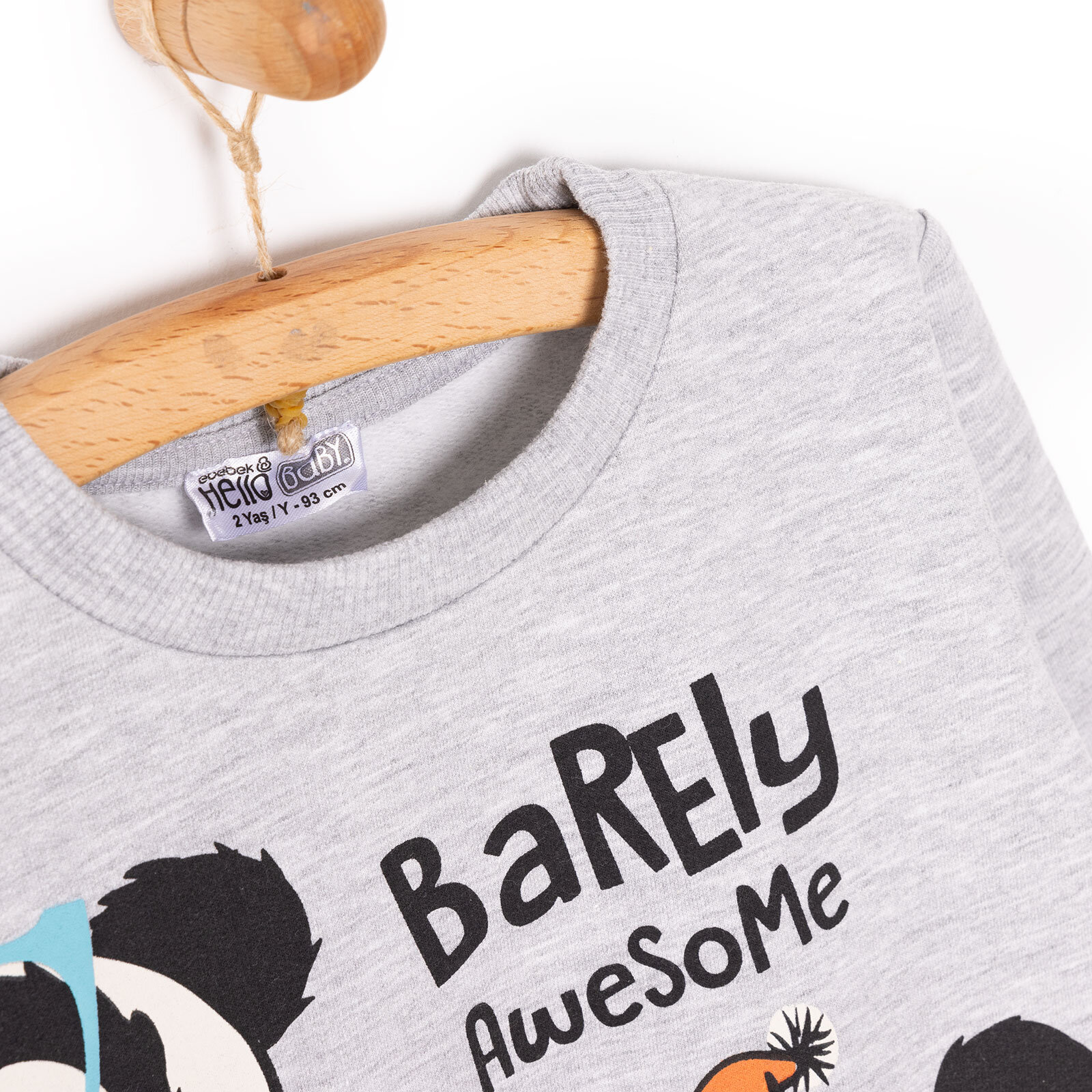 Erkek Bebek Sweatshirt Bearly Awesome Baskılı Çıtçıtlı Bisiklet Yaka Uzun Kol Gri Melanj