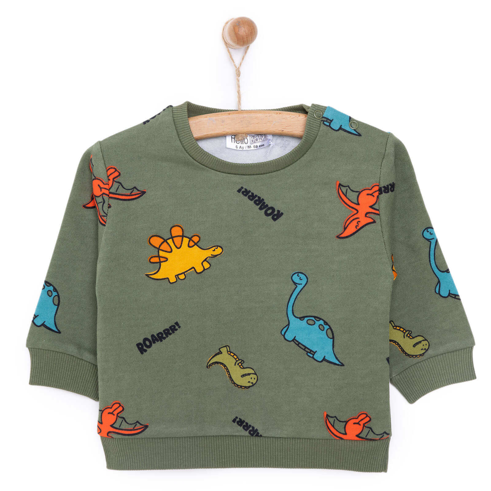 Erkek Bebek Sweatshirt Şardonlu Çıtçıtlı Dinozor Desenli Bisiklet Yaka Uzun Kol Desenli