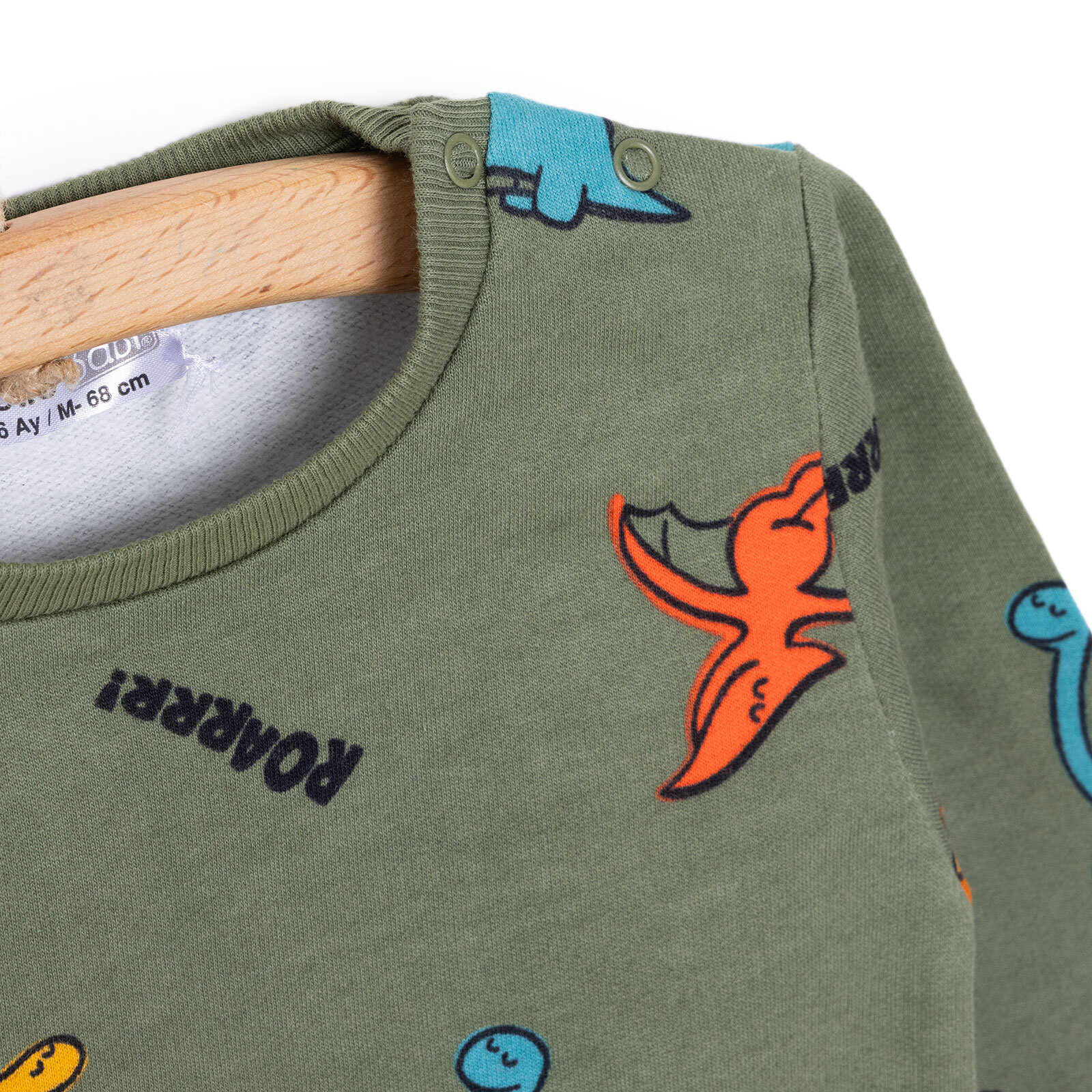 Erkek Bebek Sweatshirt Şardonlu Çıtçıtlı Dinozor Desenli Bisiklet Yaka Uzun Kol Desenli