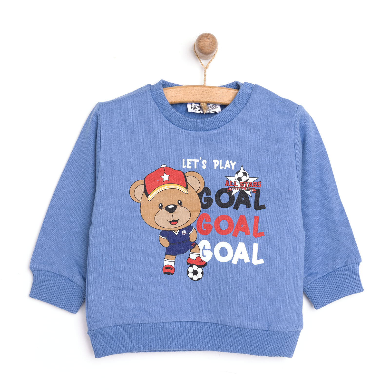Erkek Bebek Sweatshirt Şardonlu Goal Baskılı Çıtçıtlı Bisiklet Yaka Uzun Kol Mavi