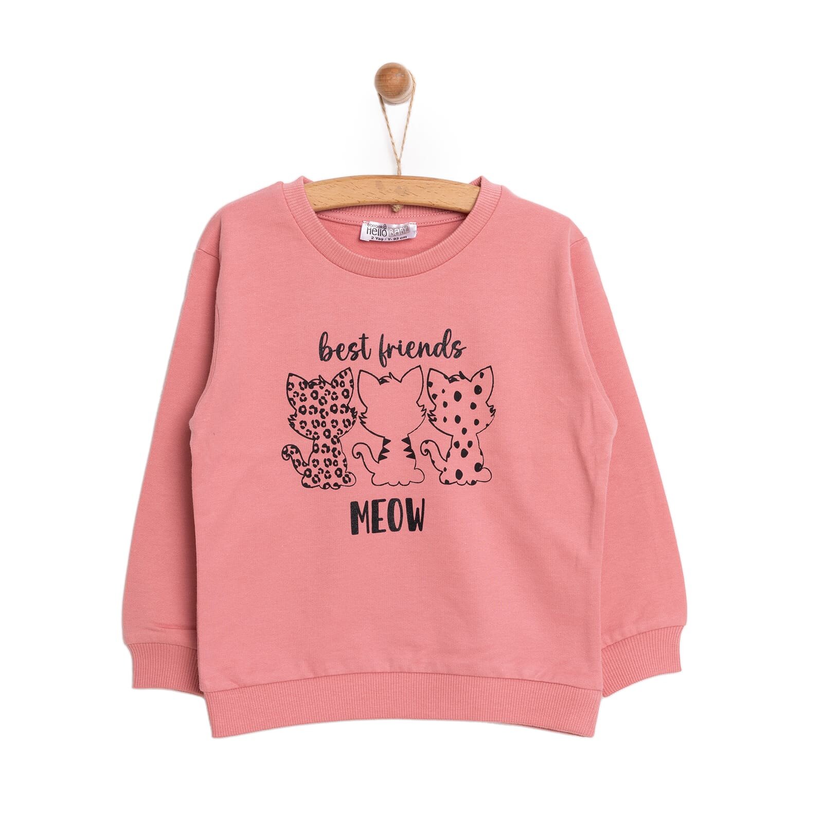 Kız Bebek Sweatshirt Şardonlu Kedi Desenli Bisiklet Yaka Uzun Kol Gül Kurusu Kız Bebek Sweatshirt Şardonlu Kedi Desenli Bisiklet Yaka Uzun Kol Gül Kurusu