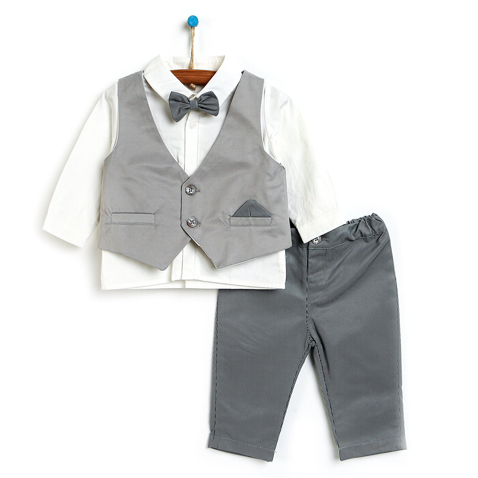 Basic Erkek Bebek Gri Gömlek-Pantolon-Yelek 3lü Şık Takım Erkek Bebek