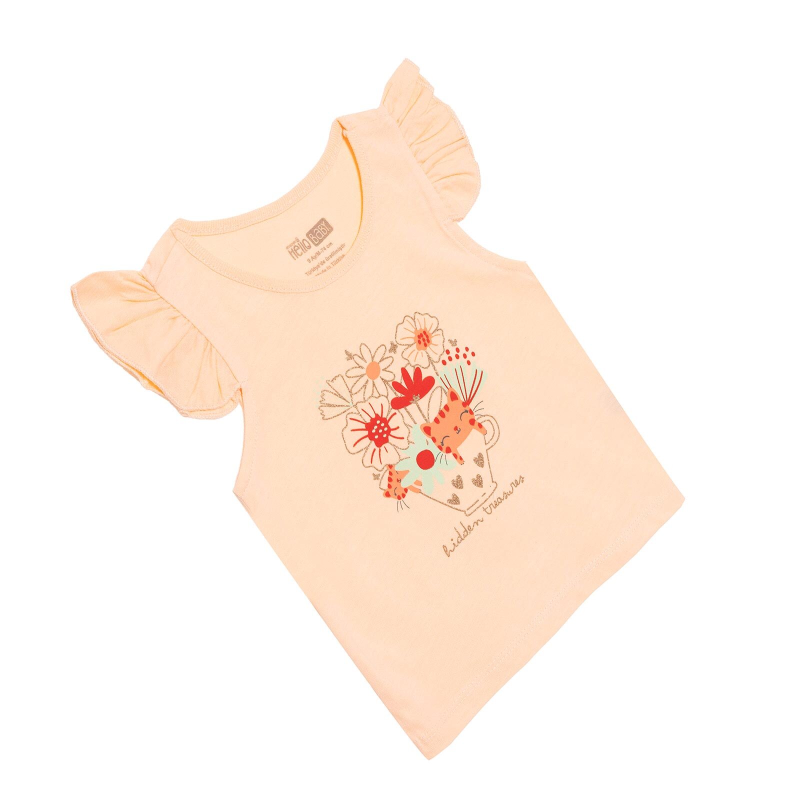 Basic Kız Çiçek ve Kedi Baskılı Atlet T-shirt Kız Bebek