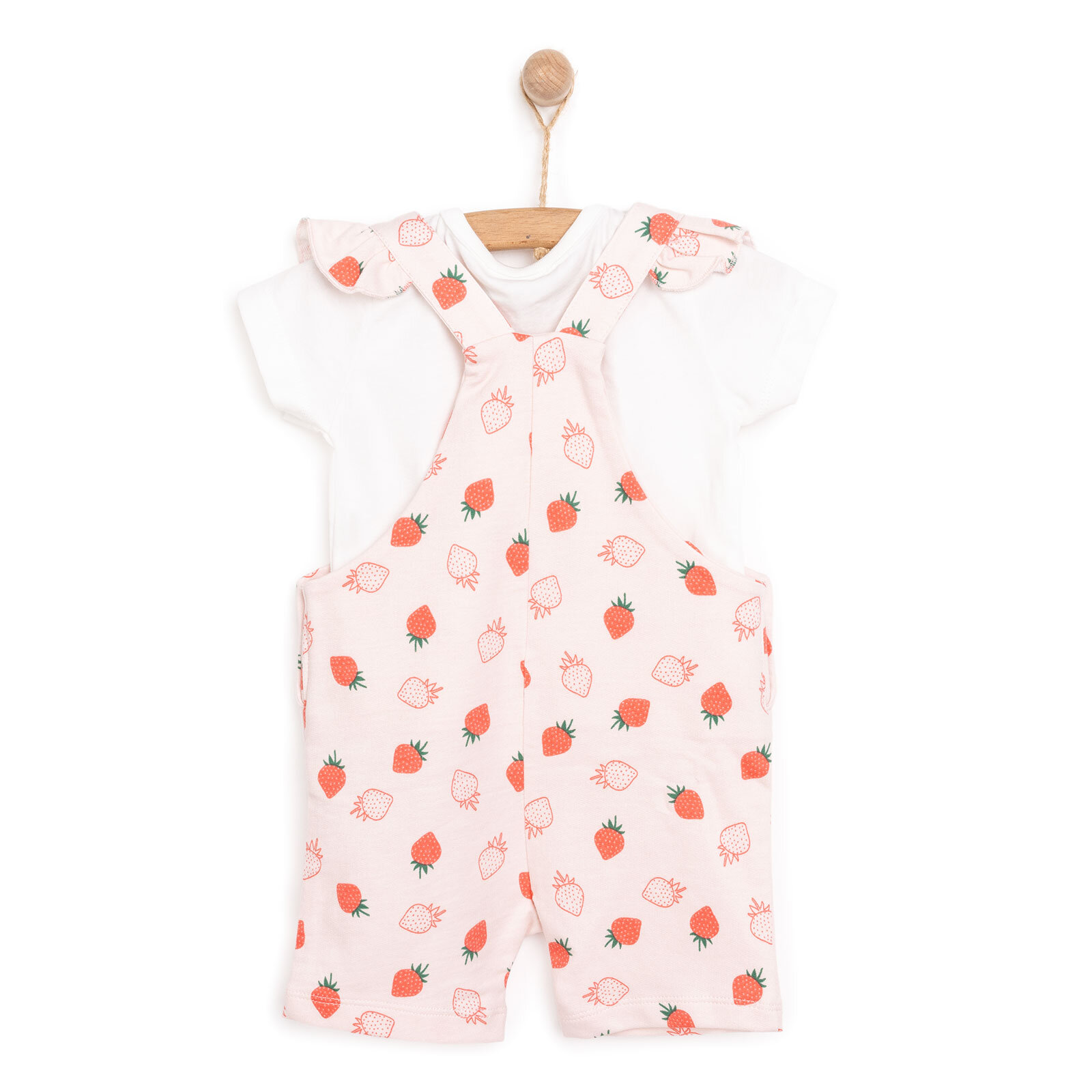 Basic Kız Çilek Desenli Şort Salopet-Tshirt Kız Bebek