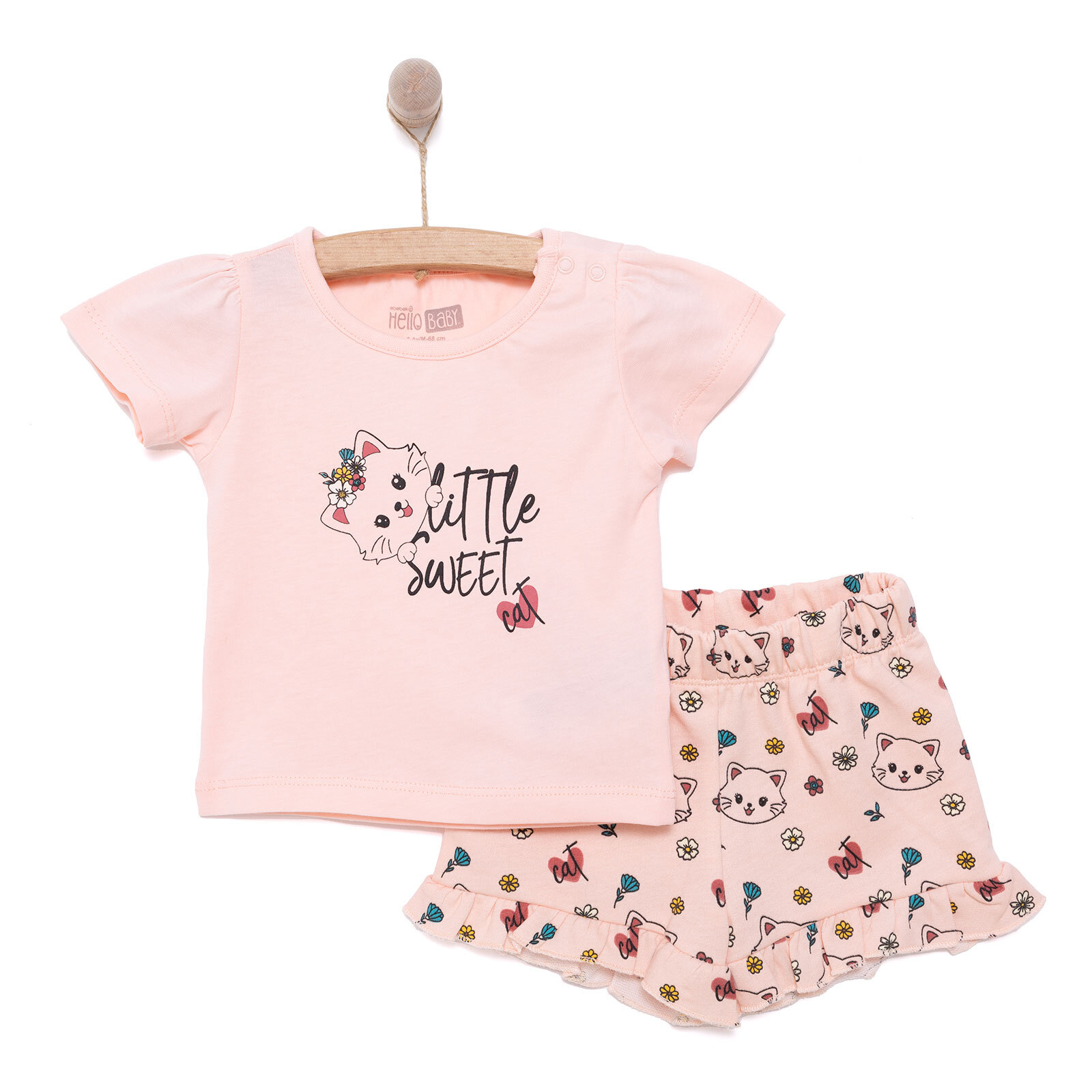Basic Kız Kedi Baskılı Tshirt-Şort Kız Bebek