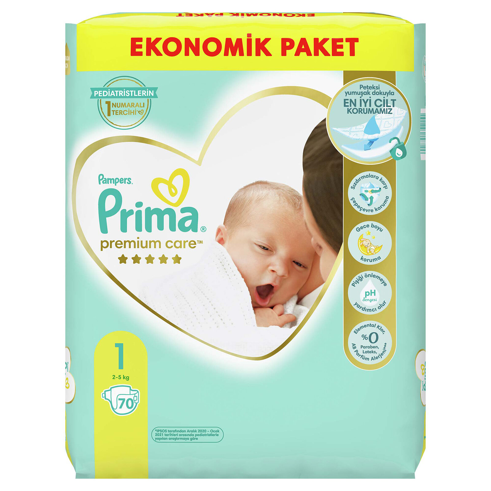 Bebek Bezi Premium Care 1 Beden Yenidoğan Ekonomik Paket 2-5 kg 70 Adet