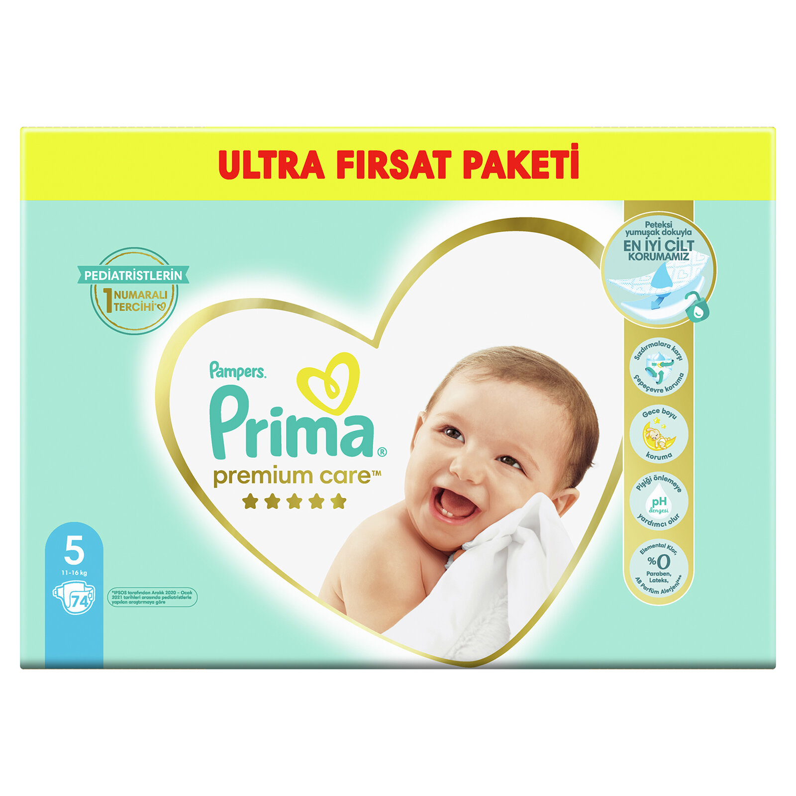 Bebek Bezi Premium Care 5 Beden Junior Ultra Fırsat Paketi 11-16 kg 74 Adet