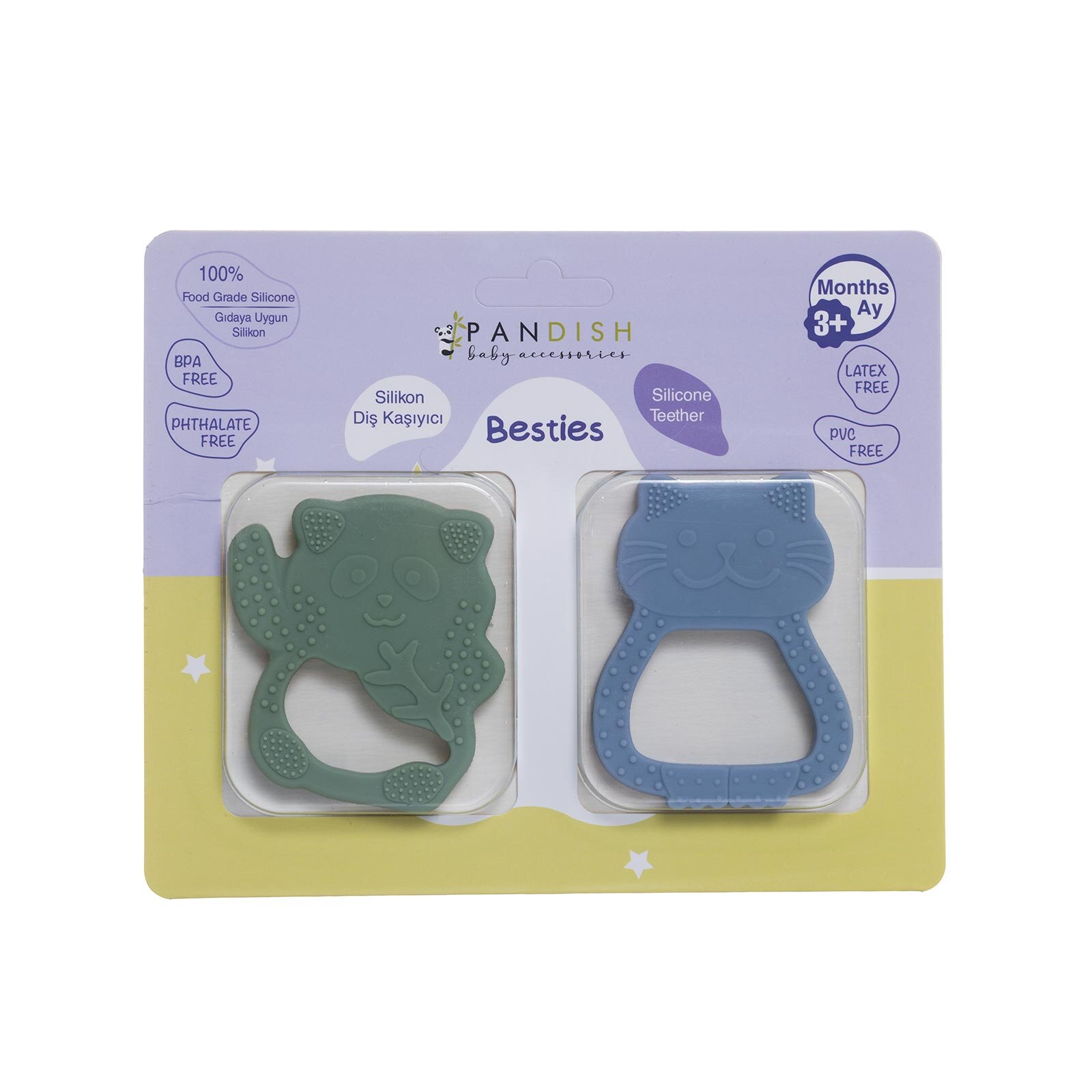 Besties Silikon Diş Kaşıyıcı Buz Mavisi Kedi & Yeşil Panda
