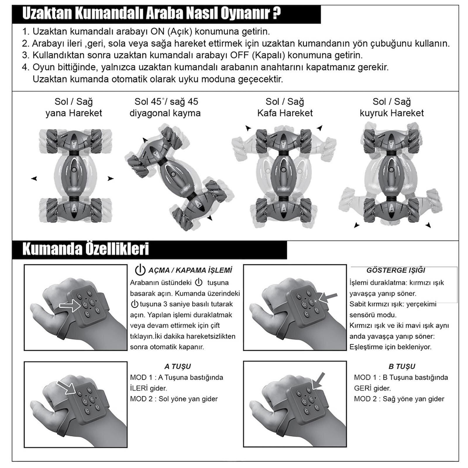 Bilekten Kontrollü 2.4G Işıklı ve Müzikli Araba