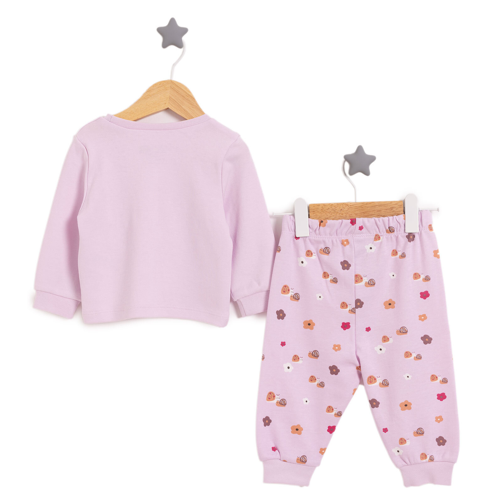 Kız Bebek Pijama Takım Salyangoz Desen Bisiklet Yaka Uzun Kol Lilla