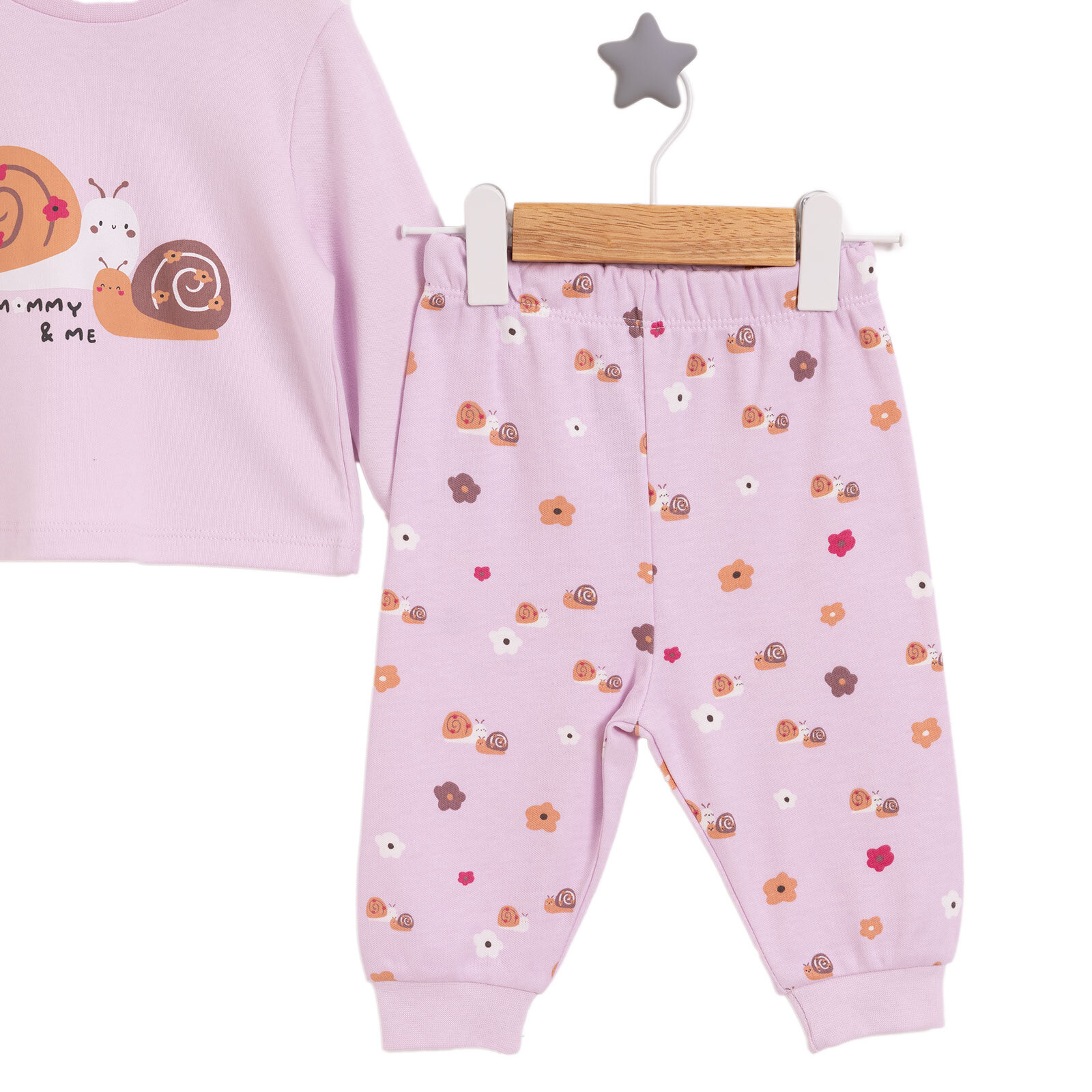 Kız Bebek Pijama Takım Salyangoz Desen Bisiklet Yaka Uzun Kol Lilla