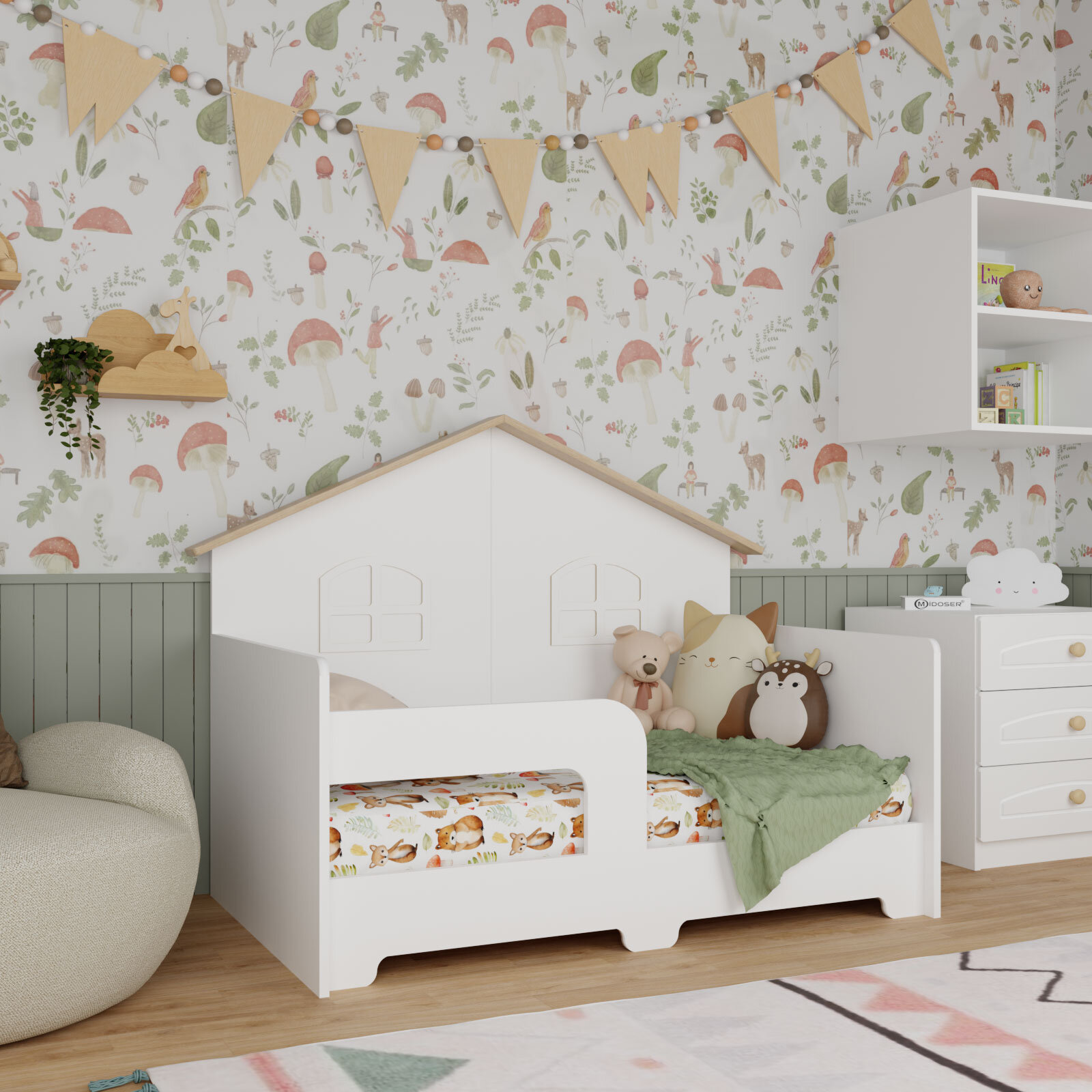 Montessori Arkası Çatılı Karyola 80x130 cm Beyaz