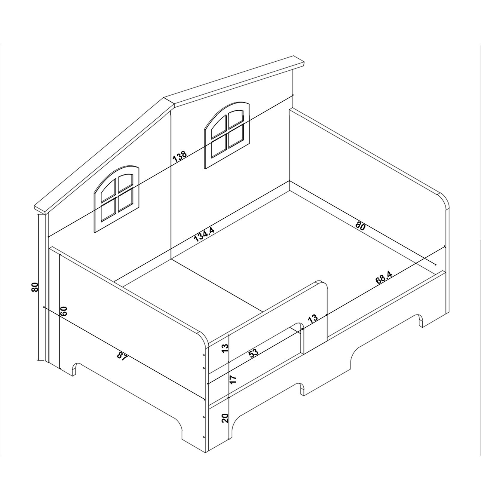 Montessori Arkası Çatılı Karyola 80x130 cm Beyaz