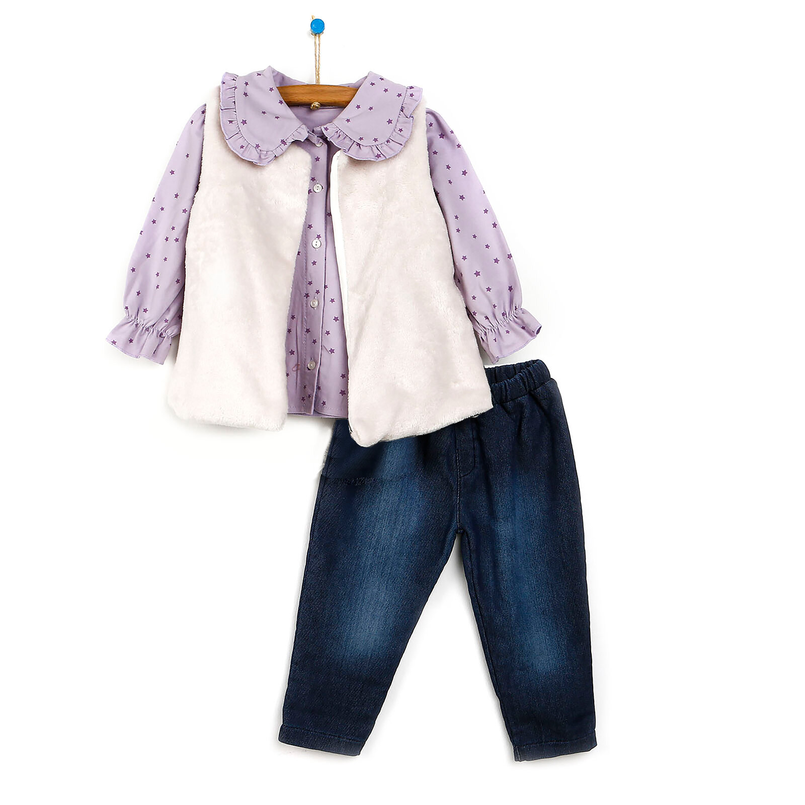 Basic Kız Bebek Gömlek-Pantolon-Yelek 3lü Takım Kız Bebek