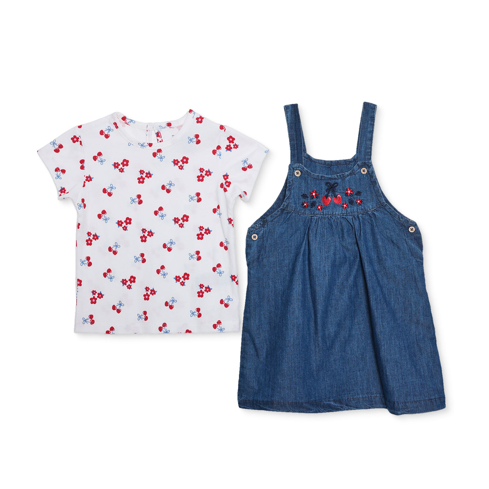 Kız Bebek Cherry Salopet-Tshirt Bisiklet Yaka Kısa Kol Reçme Paça