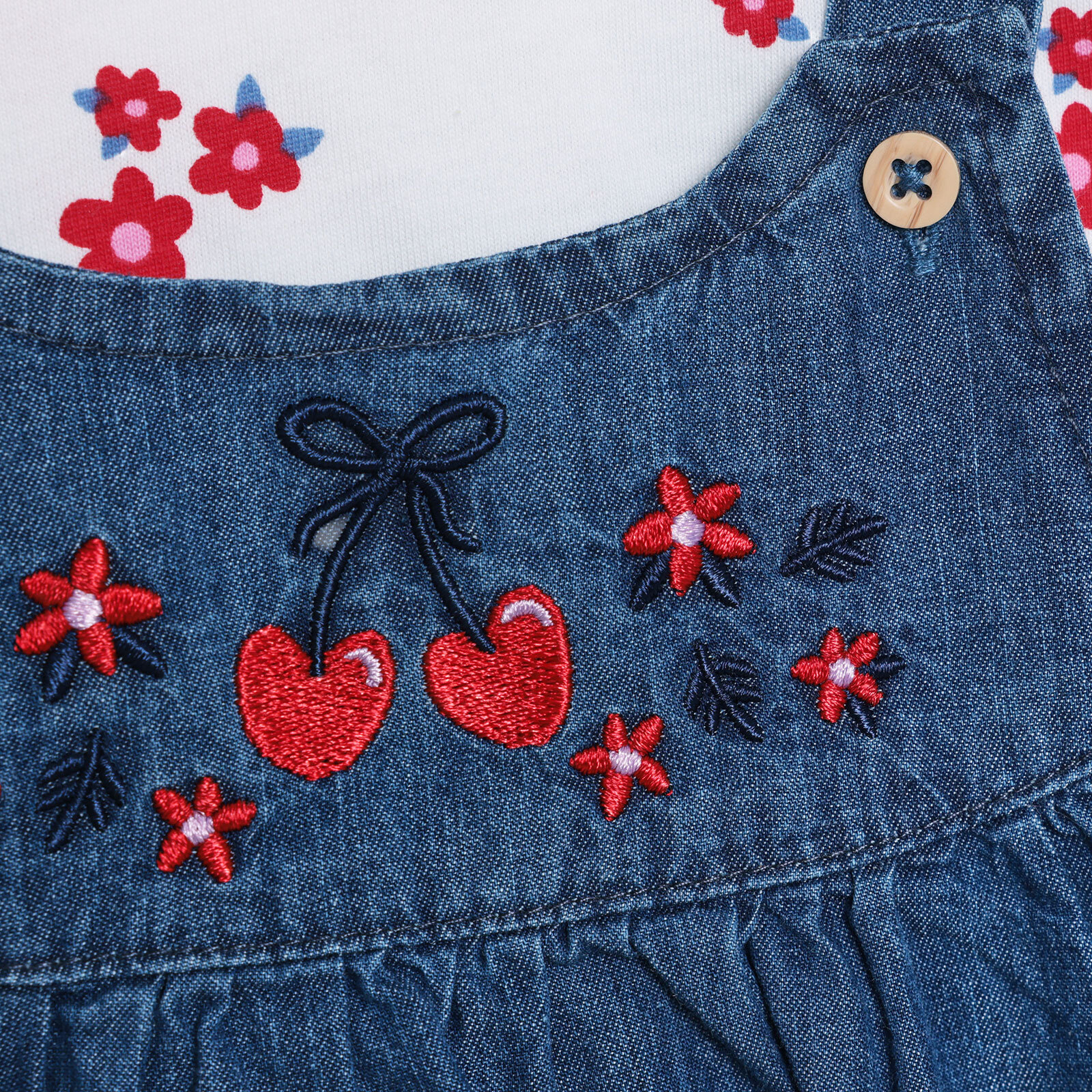 Kız Bebek Cherry Salopet-Tshirt Bisiklet Yaka Kısa Kol Reçme Paça