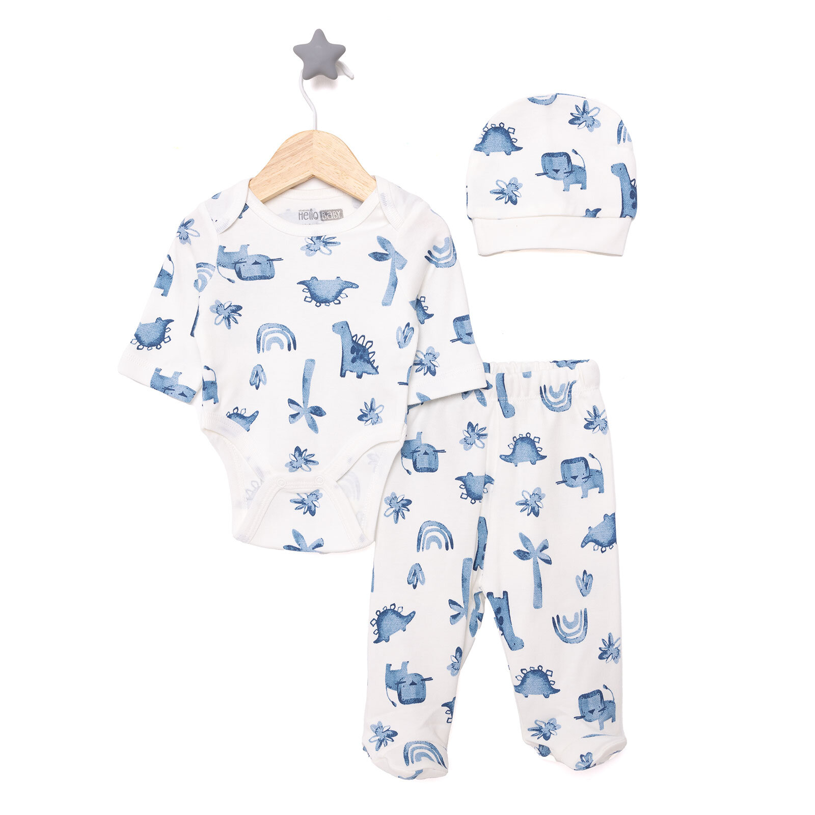 Dinazor Baskılı Yenidoğan Erkek Body-Patikli Alt-Şapka Erkek Bebek