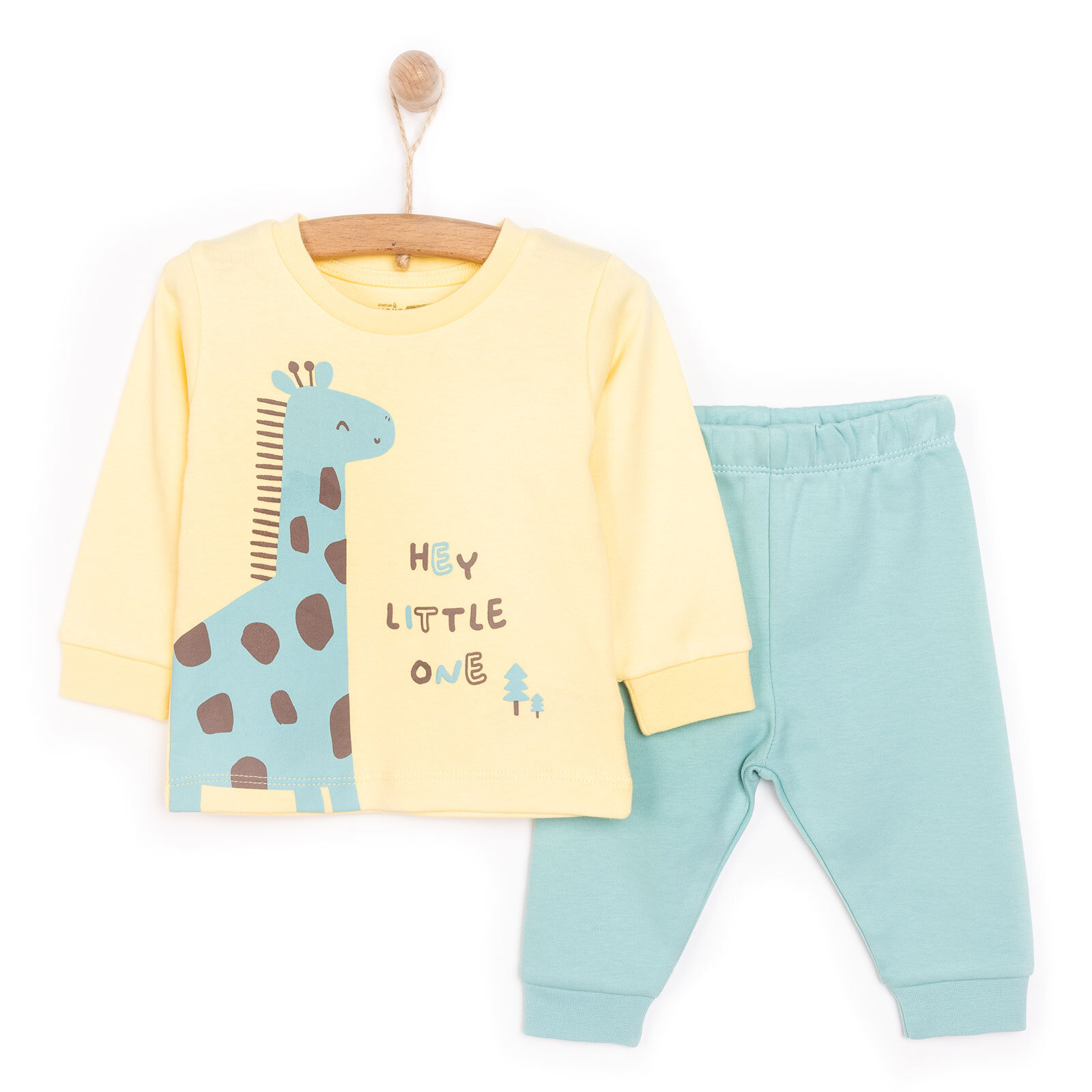 Erkek Bebek Pijama Takım Kaşkorse Dinazor Baskılı Bisiklet Yaka Uzun Kol Sarı