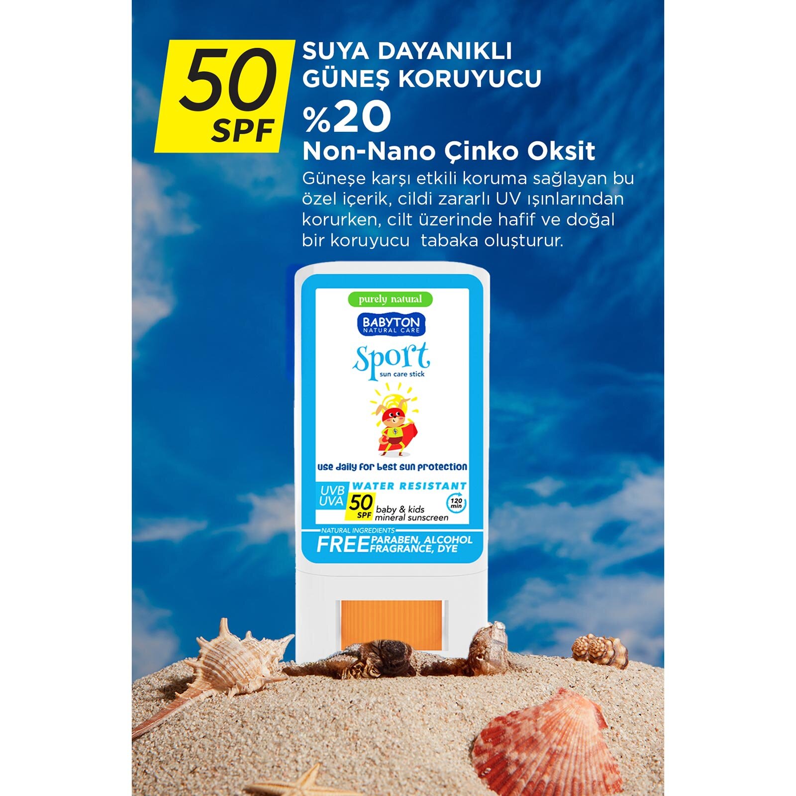 Doğal Suya Dayanıklı Güneş Koruyucu Stick 50 SPF 20 gr