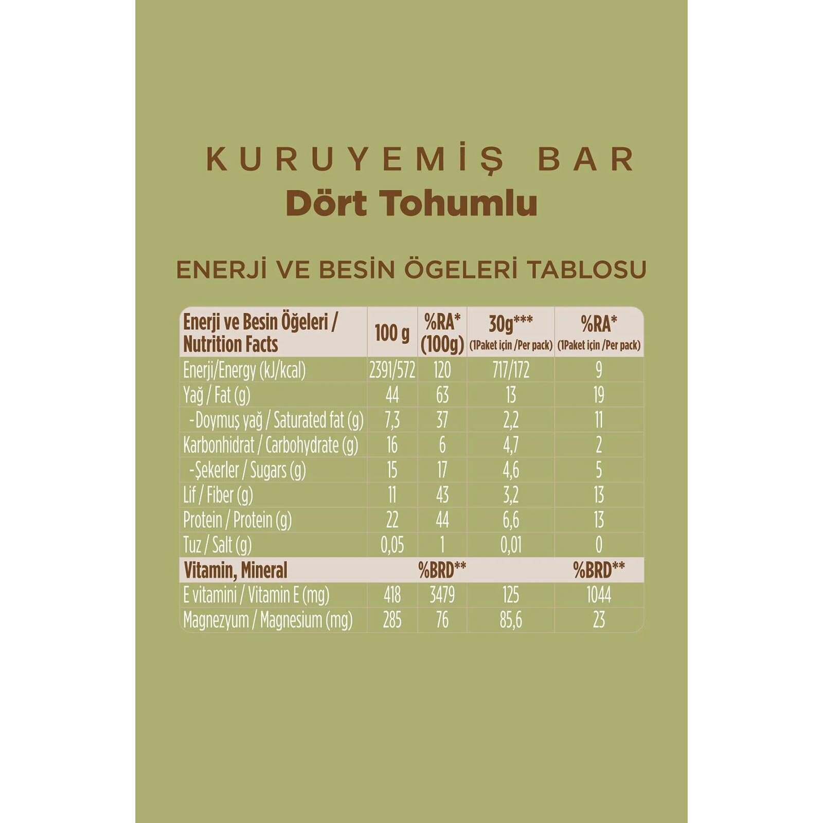 Dört Tohumlu Kuruyemiş Bar 30g
