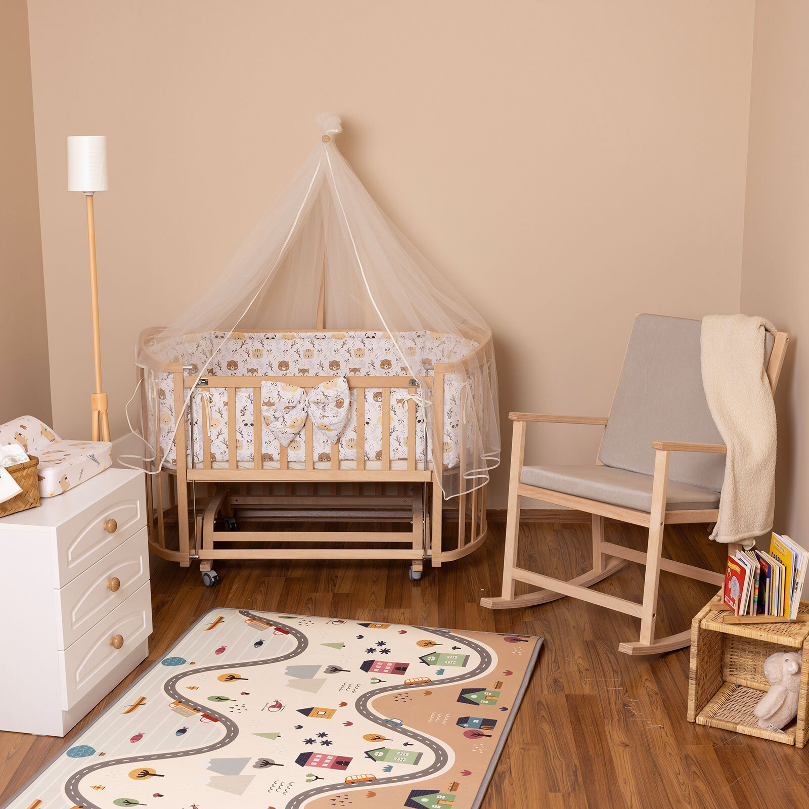 Ahşap Süper Oval Anne Yanı Asansörlü Beşik Naturel 70X140 cm