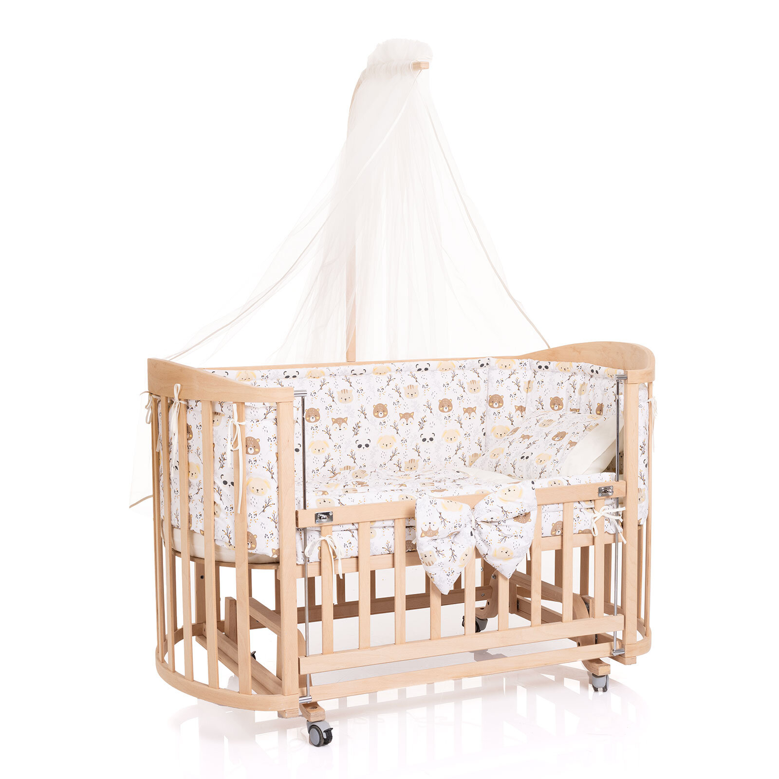 Ahşap Süper Oval Anne Yanı Asansörlü Beşik Naturel 70X140 cm