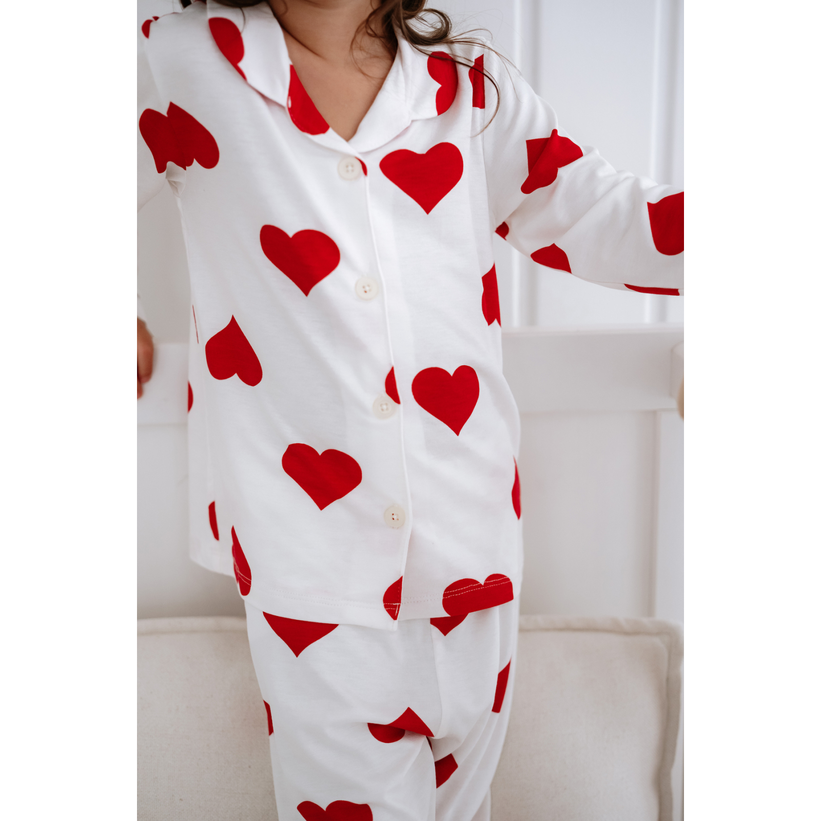 Önden Düğmeli Bambu Kalpli Çocuk Pijama Takımı