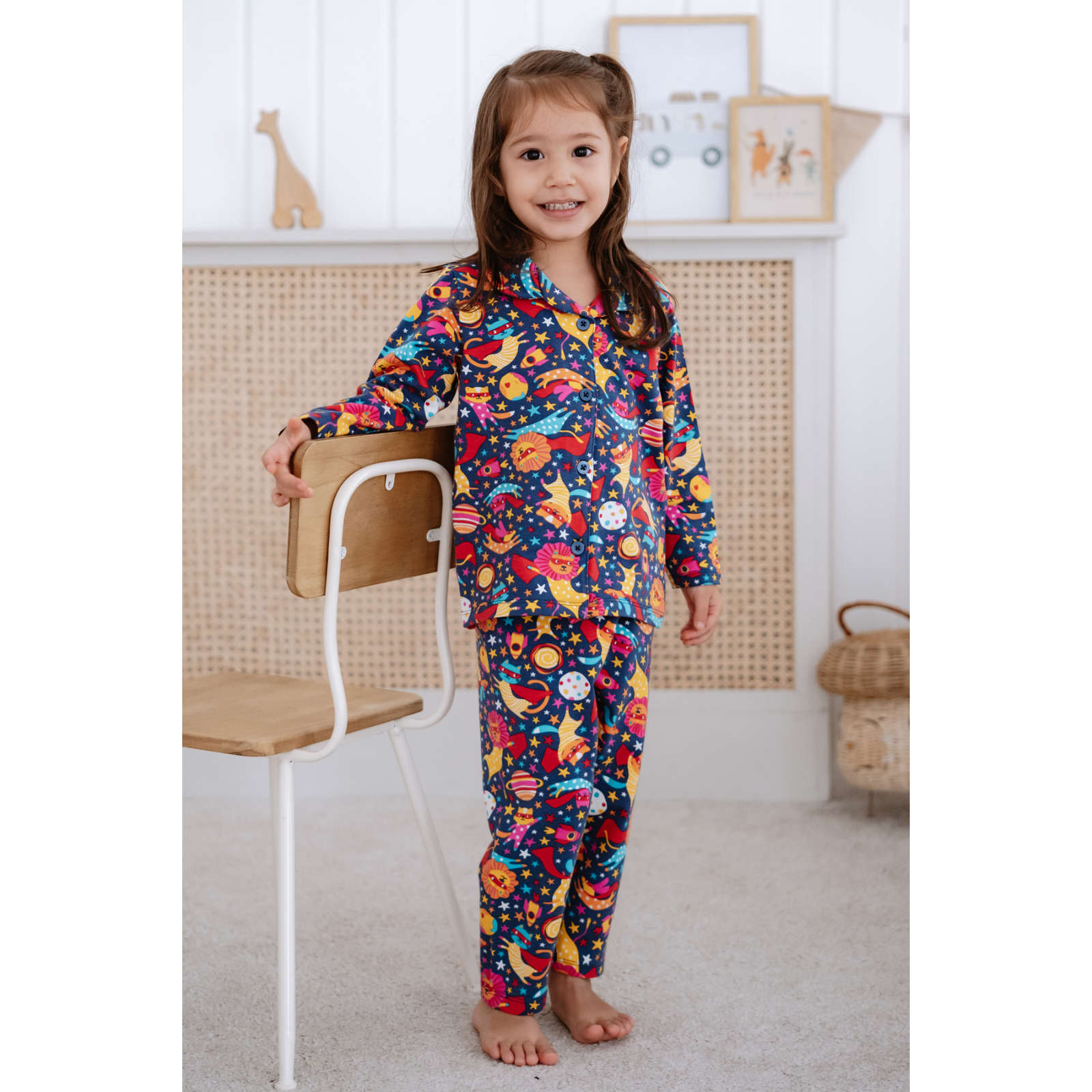 Önden Düğmeli Çocuk Pijama Takımı Uzay Desenli