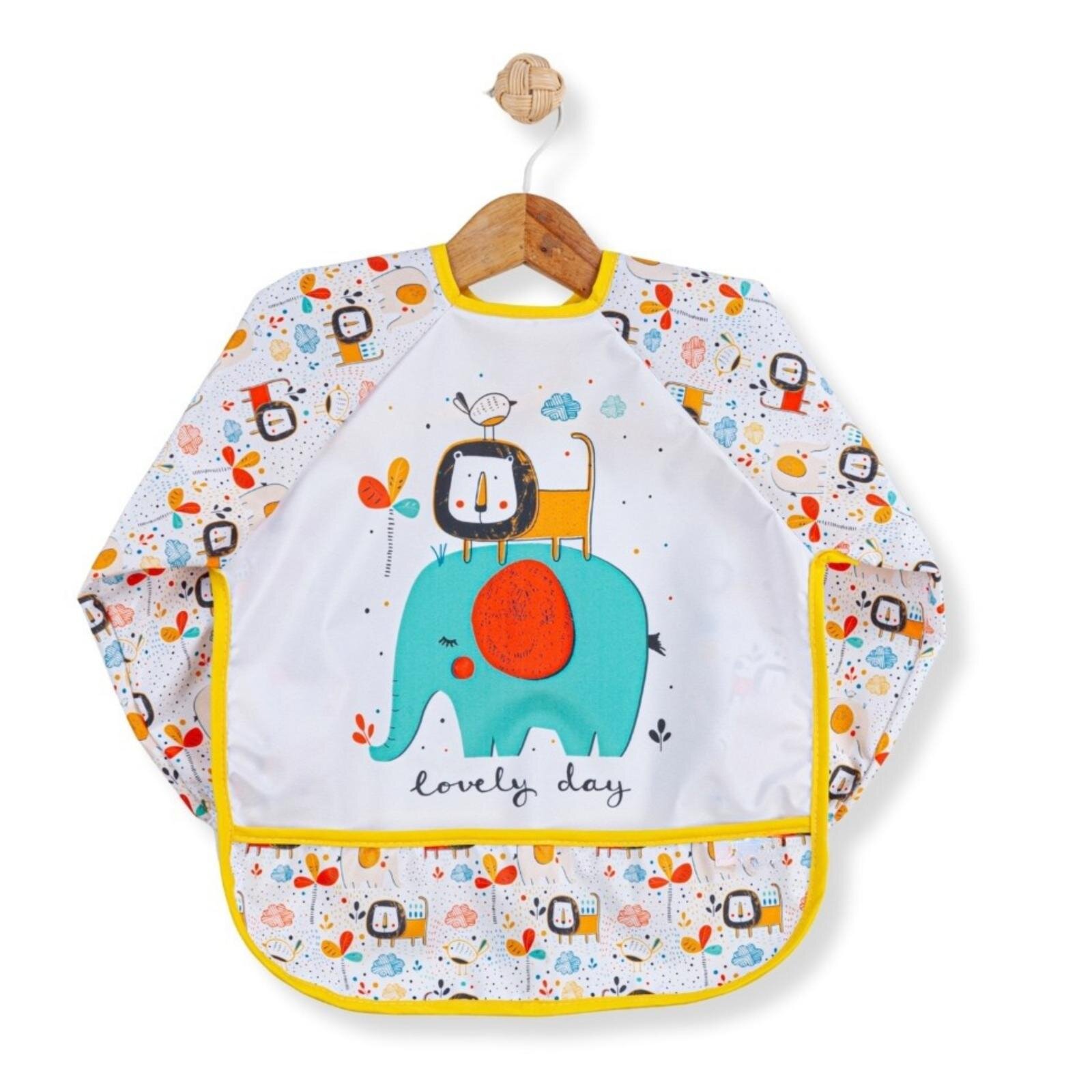 Sıvı Geçirmez Uzun Kollu Mama Ve Aktivite Önlüğü - Bebek Aslan ve Fil Desenli