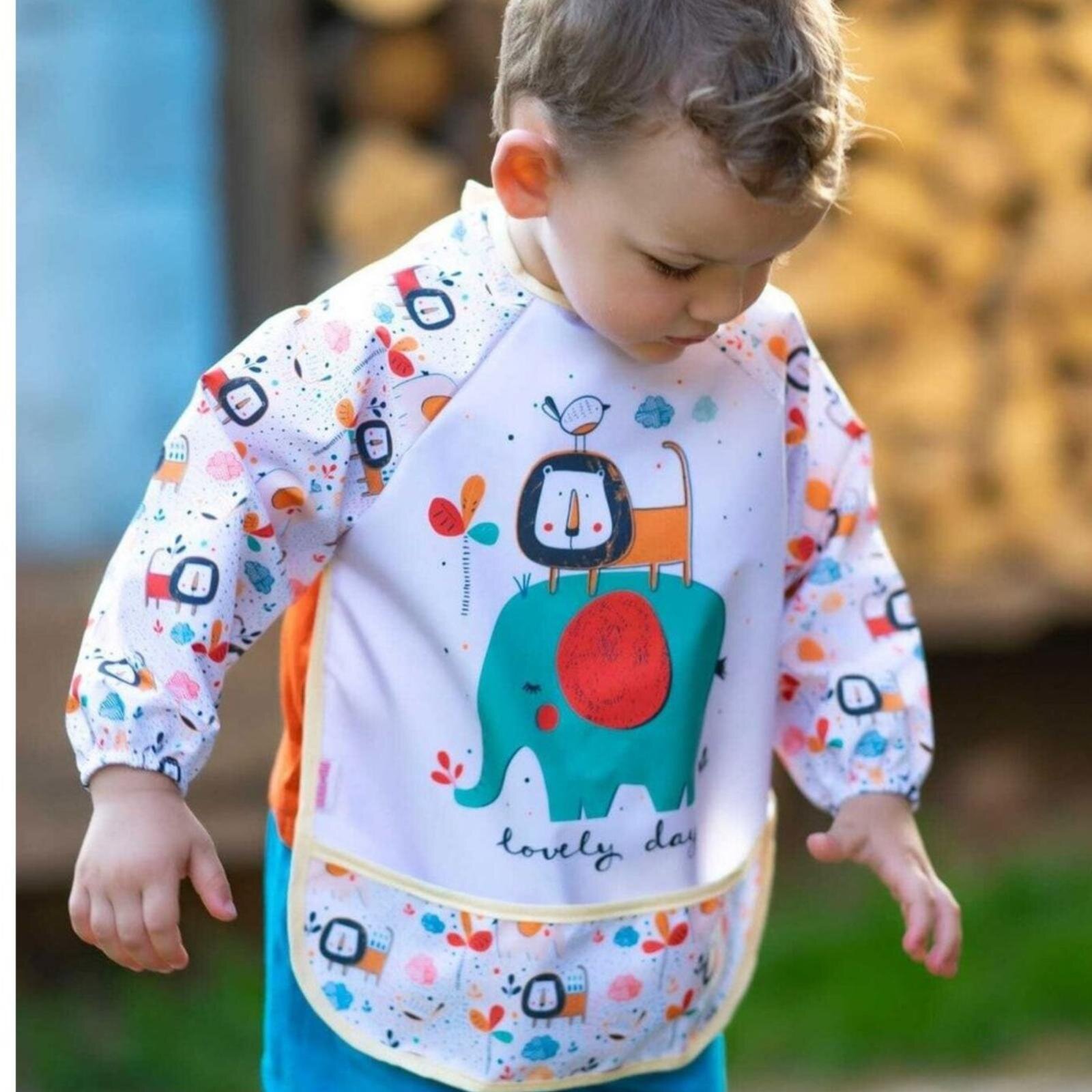 Sıvı Geçirmez Uzun Kollu Mama Ve Aktivite Önlüğü - Bebek Aslan ve Fil Desenli