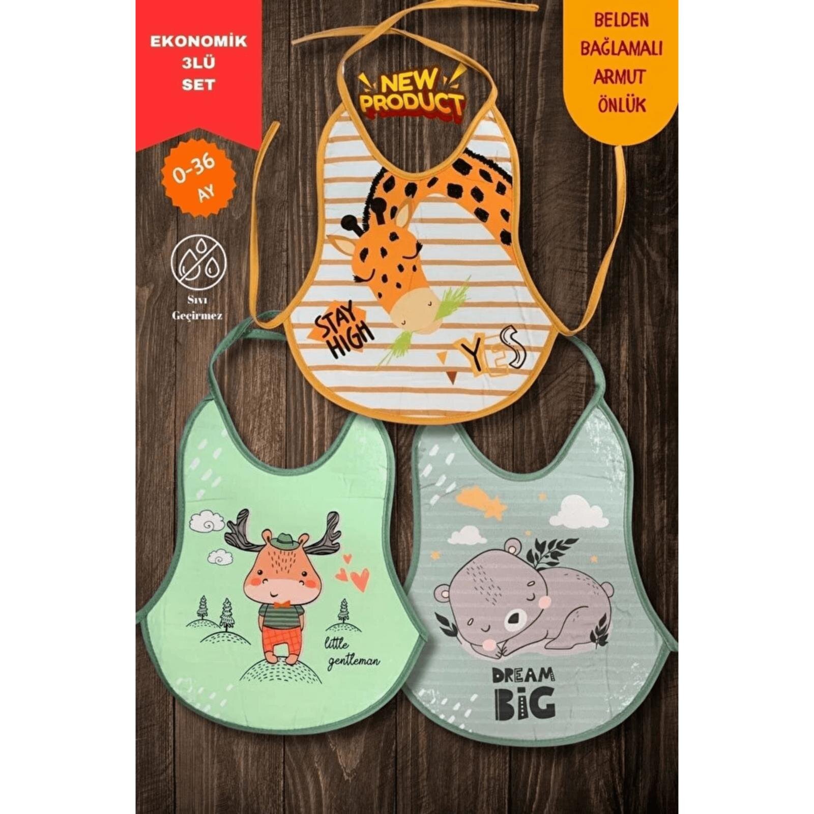 3'lü Desenli Sıvı Geçirmez Armut Model Mama ve Aktivite Önlüğü Seti - Erkek Bebek