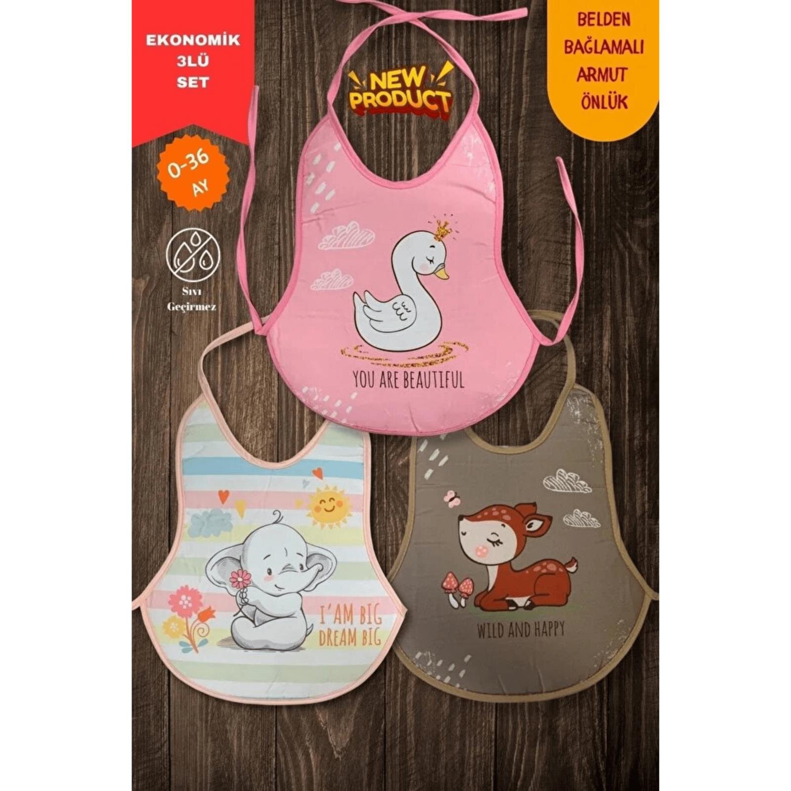 3'lü Desenli Sıvı Geçirmez Armut Model Mama ve Aktivite Önlüğü Seti - Kız Bebek