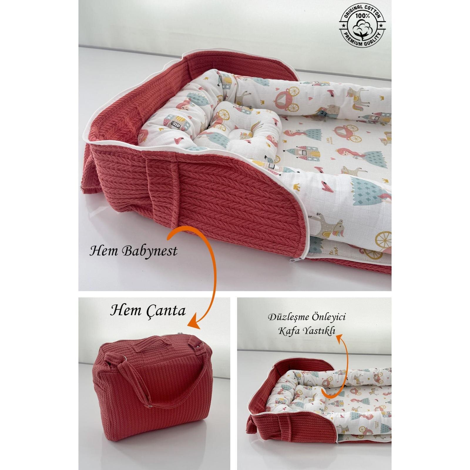 Çantalı Babynest Taşınabilir Anne Yanı Müslin Prenses Örgü Pike Babynest