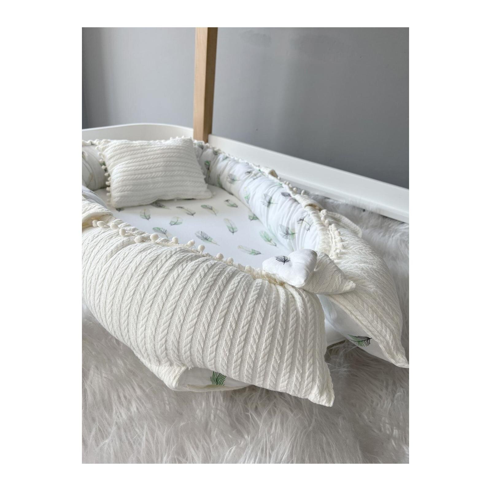 Organik Örgü Kumaş Lüks Babynest Anne Yanı Yatak, Tüy Desenli Organik Örgü Kumaş Lüks Babynest Anne Yanı Yatak, Tüy Desenli