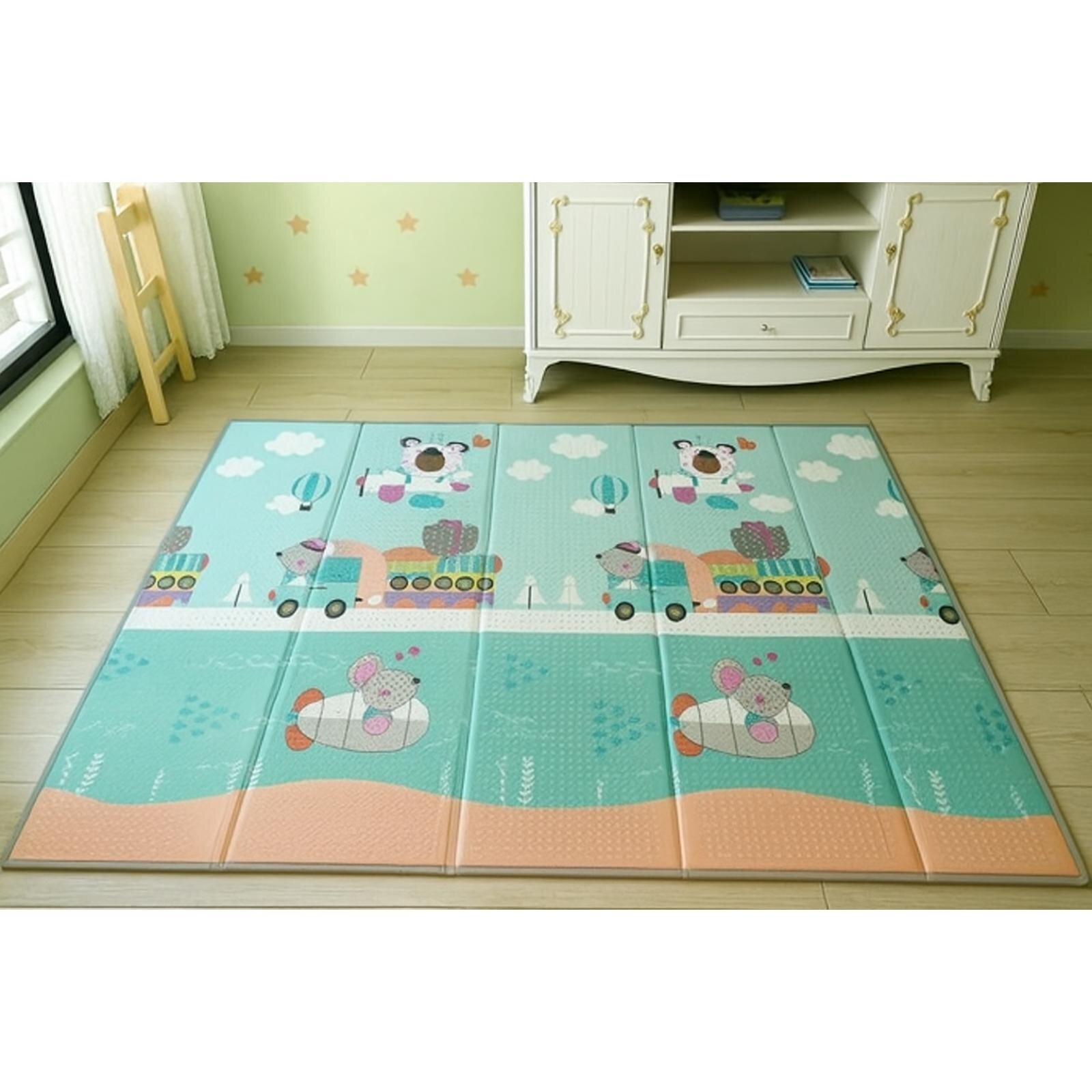 Katlanabilir Çift Taraflı Oyun Matı - Çantalı, Kaymaz, Su Geçirmez, Orman & Uçak Desenli Katlanabilir Çift Taraflı Oyun Matı - Çantalı, Kaymaz, Su Geçirmez, Orman & Uçak Desenli