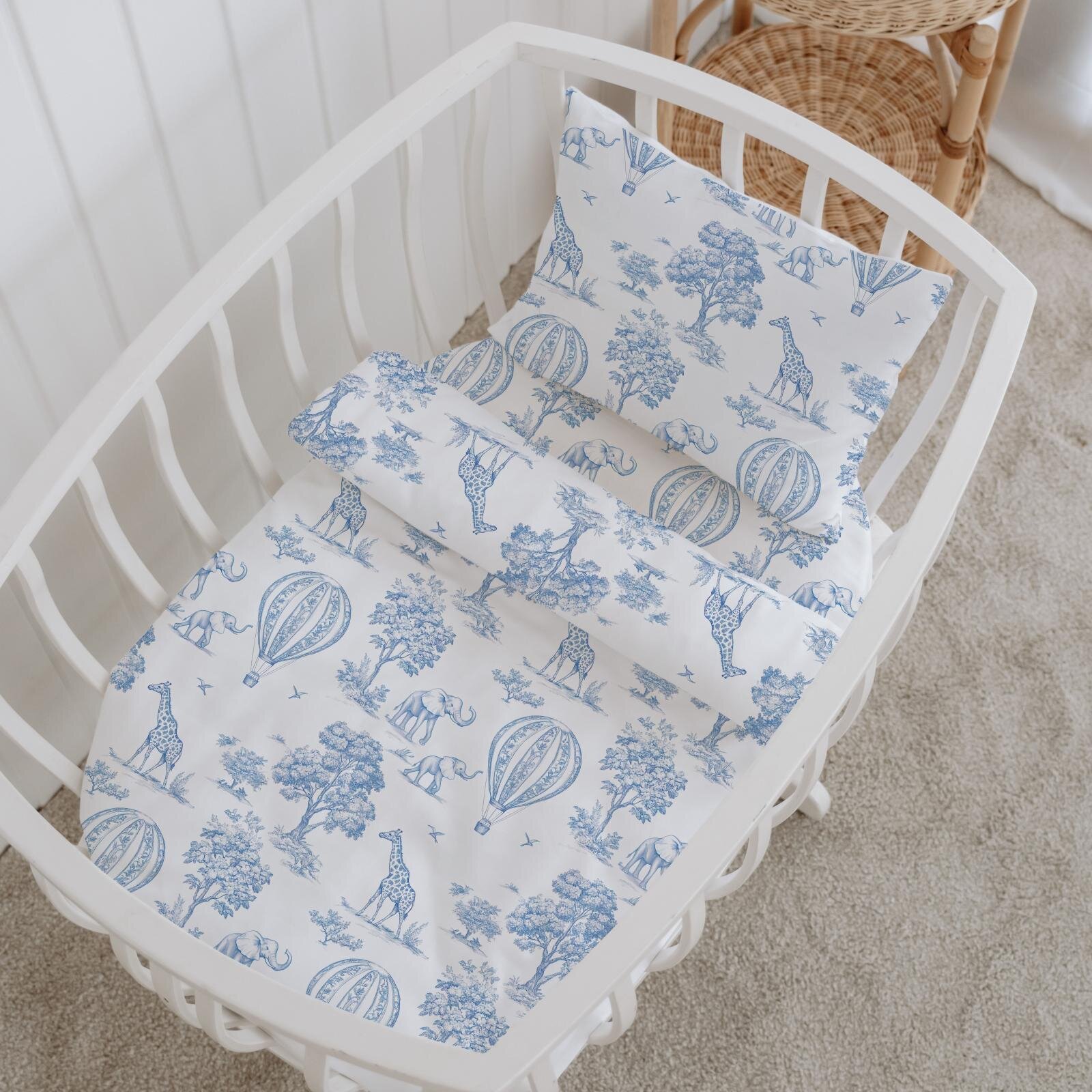 %100 Pamuklu Poplin Anne Yanı Beşik Nevresim Seti - Blue Balloon Safari