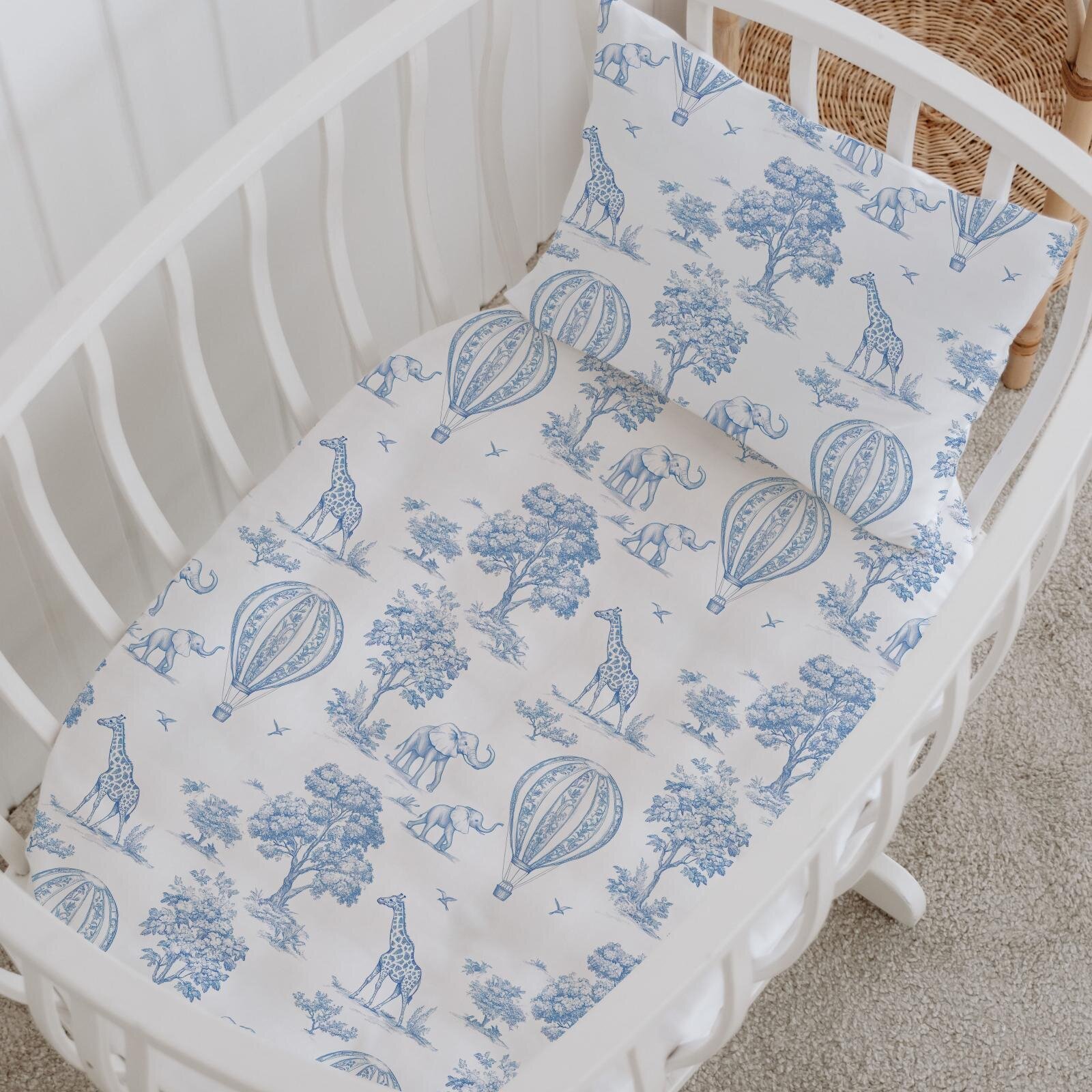 %100 Pamuklu Poplin Anne Yanı Beşik Nevresim Seti - Blue Balloon Safari