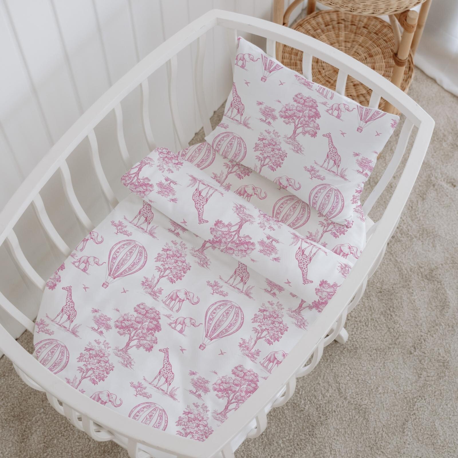 %100 Pamuklu Poplin Anne Yanı Beşik Nevresim Seti - Pink Balloon Safari