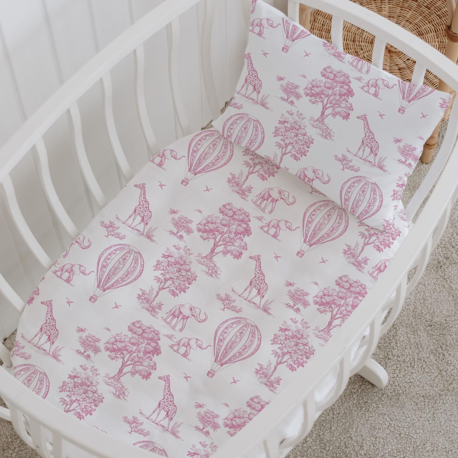 %100 Pamuklu Poplin Anne Yanı Beşik Nevresim Seti - Pink Balloon Safari